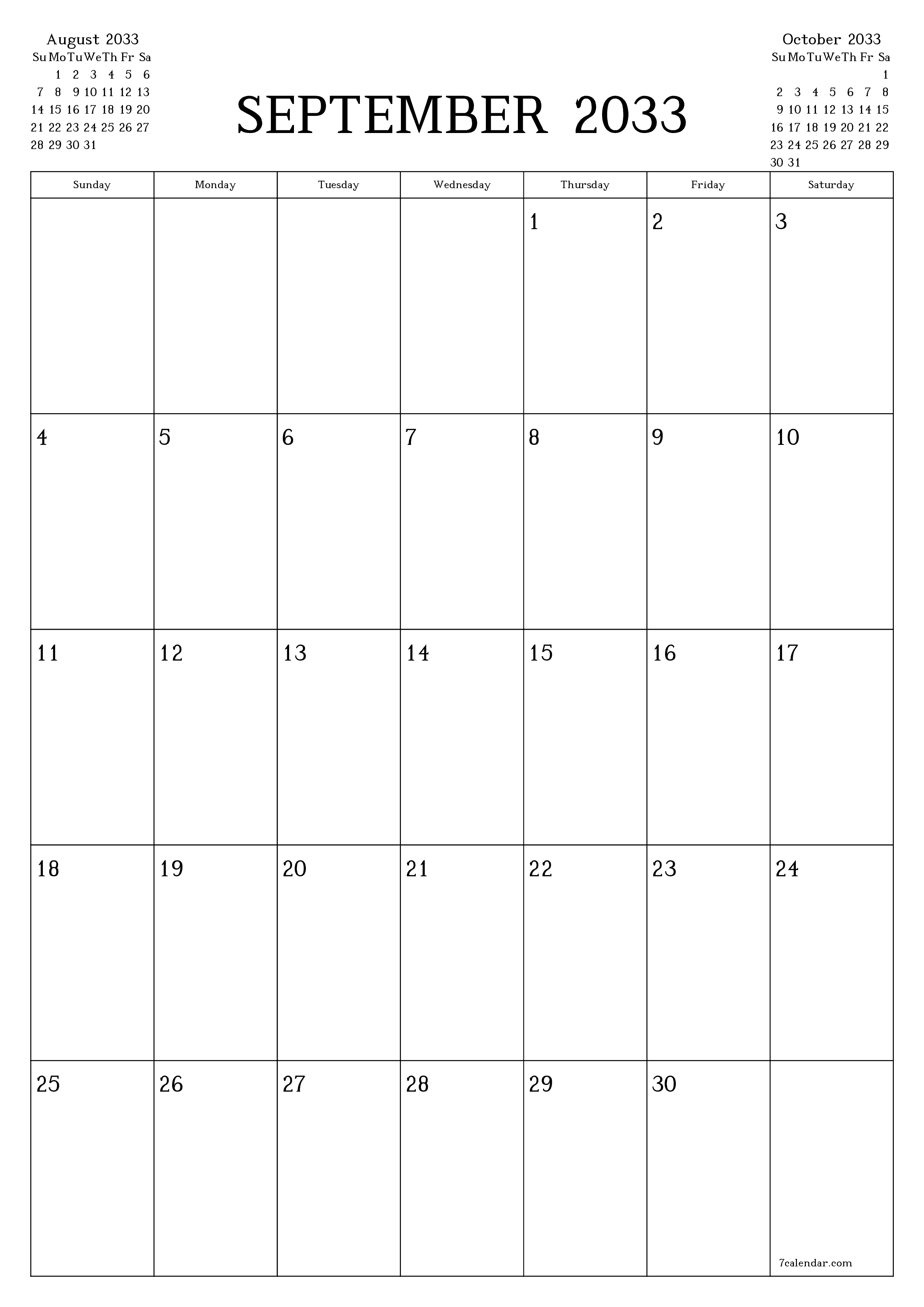 printable wall template free vertical Monthly planner calendar September (Sep) 2033