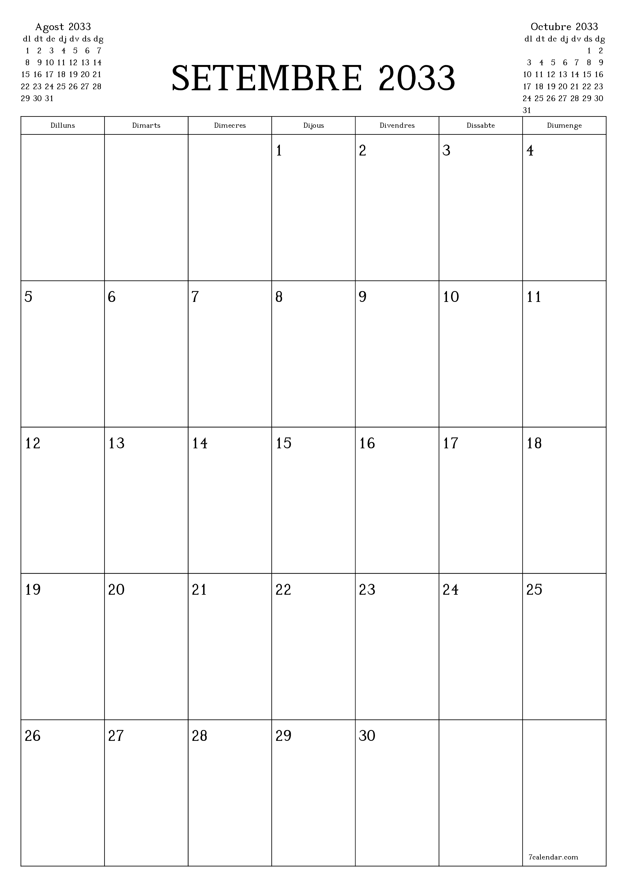  imprimible de paret plantilla de gratuïtvertical Mensual planificador calendari Setembre (Set) 2033