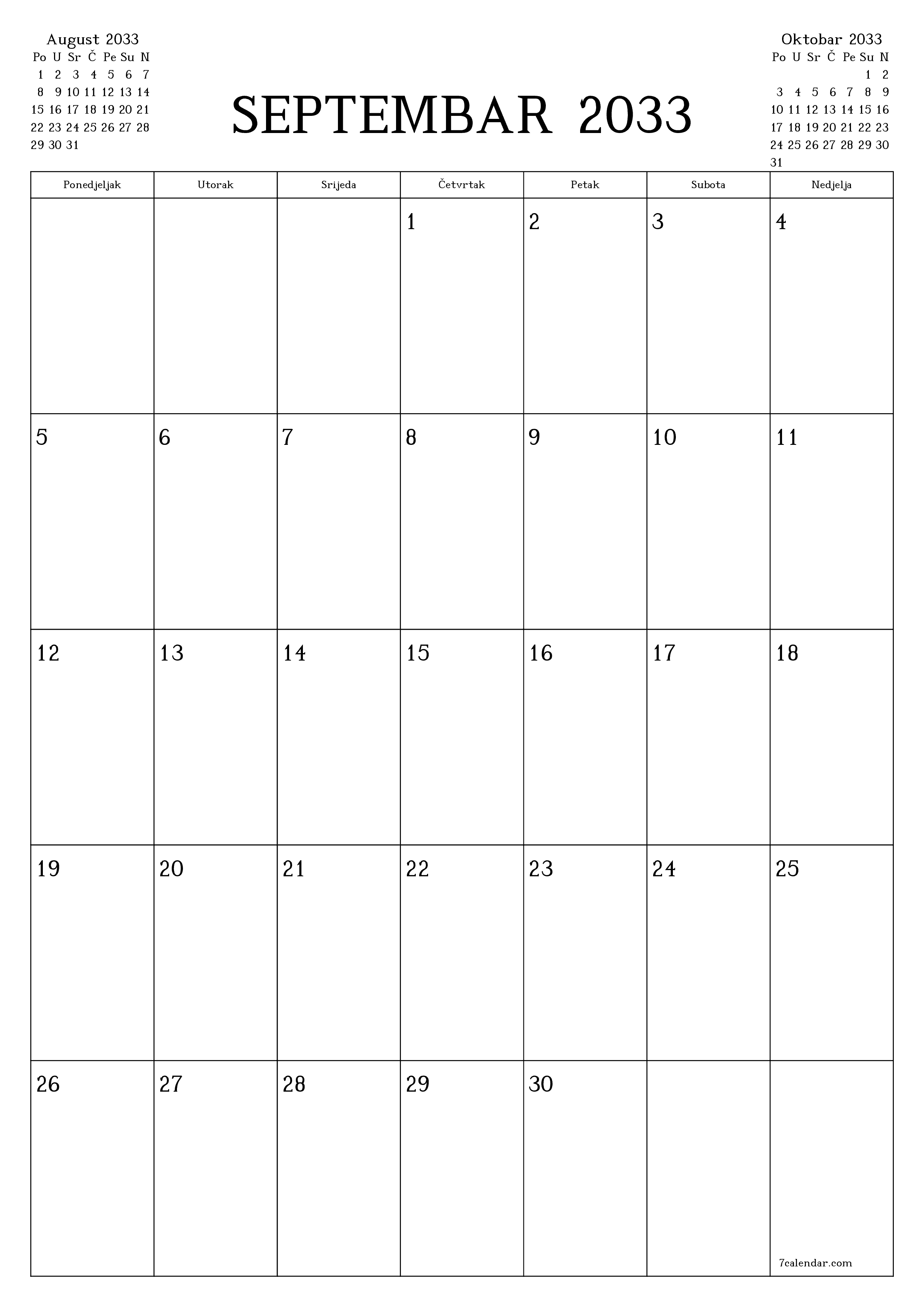  za štampanje zidni šablon a besplatni vertikalno Mjesečno planer kalendar Septembar (Sep) 2033