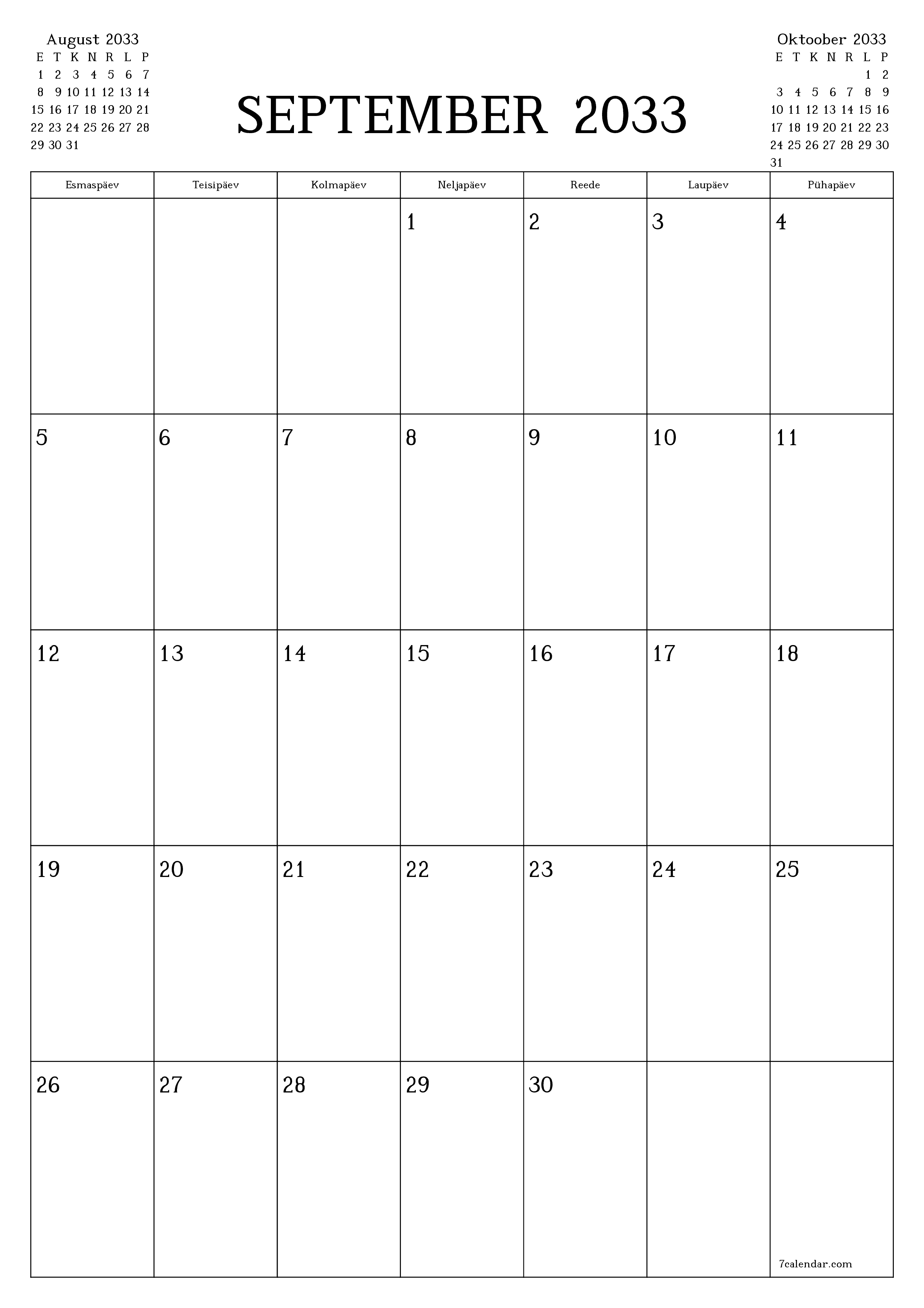 prinditav seina kalendri mall tasuta vertikaalne Igakuine planeerija kalender September (Sept) 2033