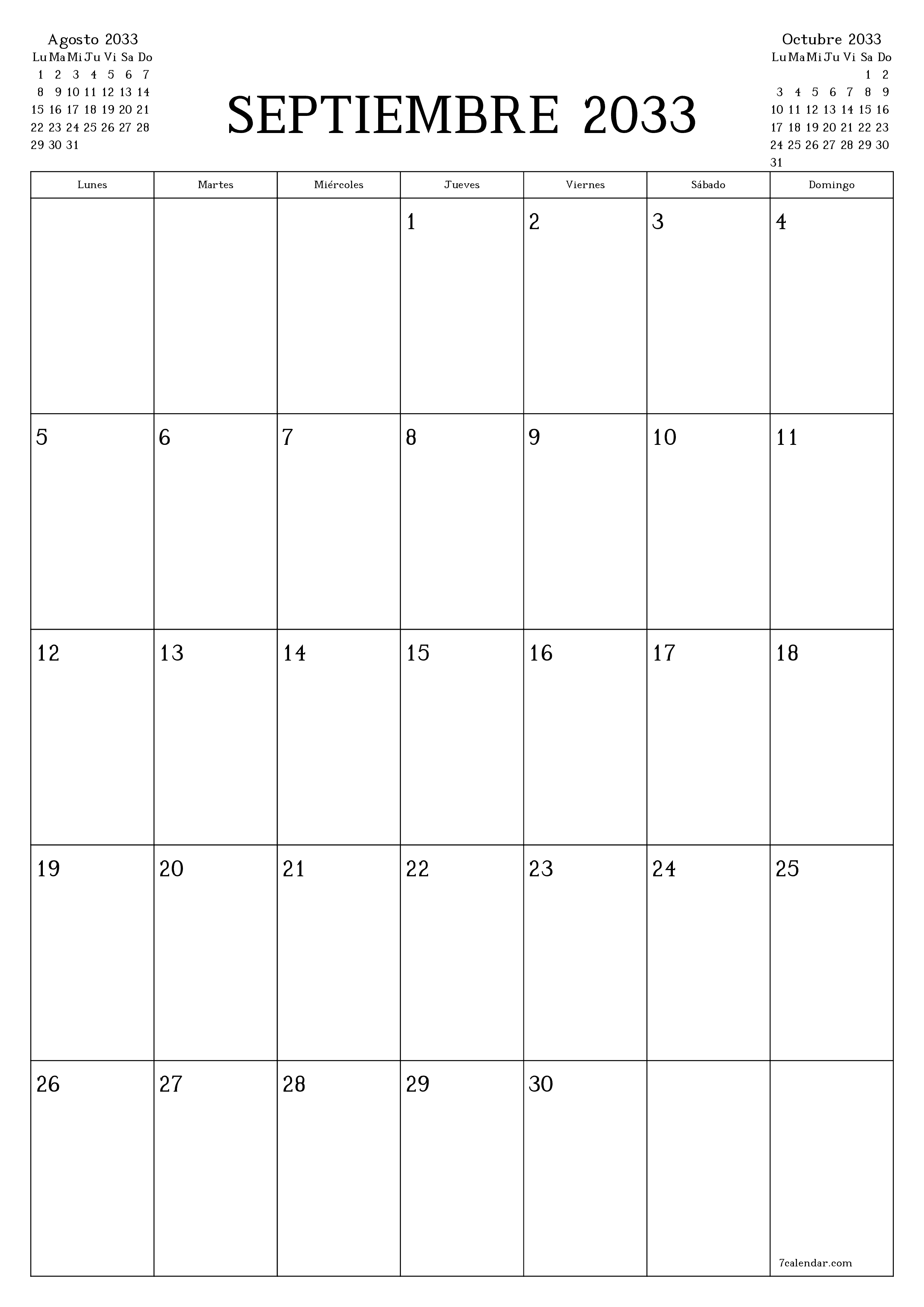  imprimible de pared plantilla de gratisvertical Mensual planificador calendario Septiembre (Sep) 2033