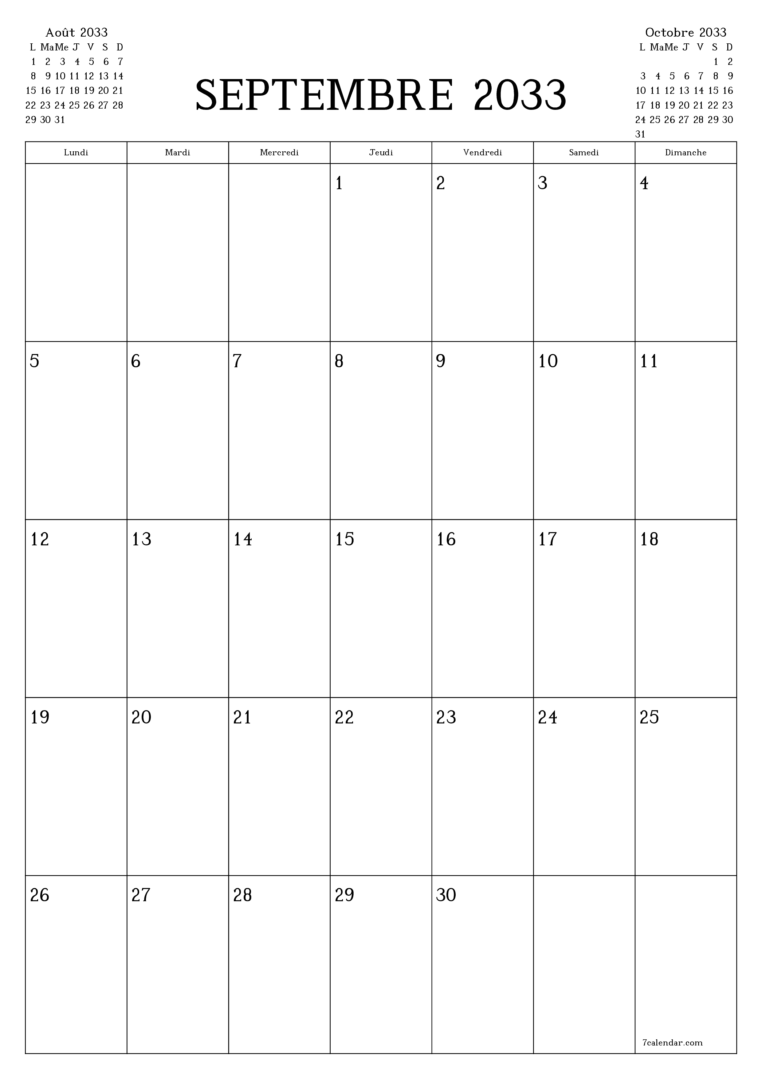  imprimable mural modèle de gratuitverticale Mensuel planificateur calendrier Septembre (Sep) 2033