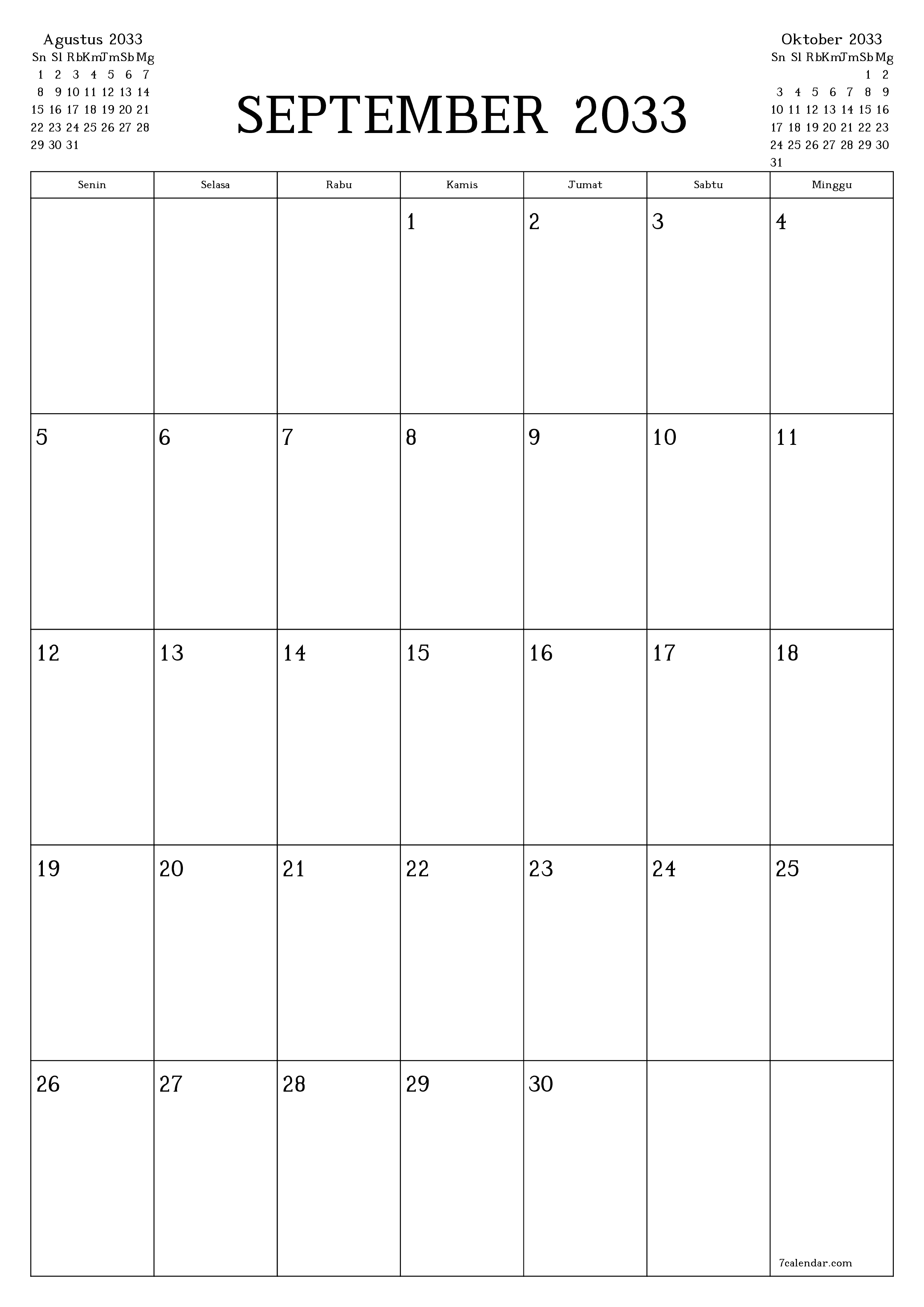  yang dapat dicetak dinding templat gratisvertikal Bulanan perencana kalender September (Sep) 2033