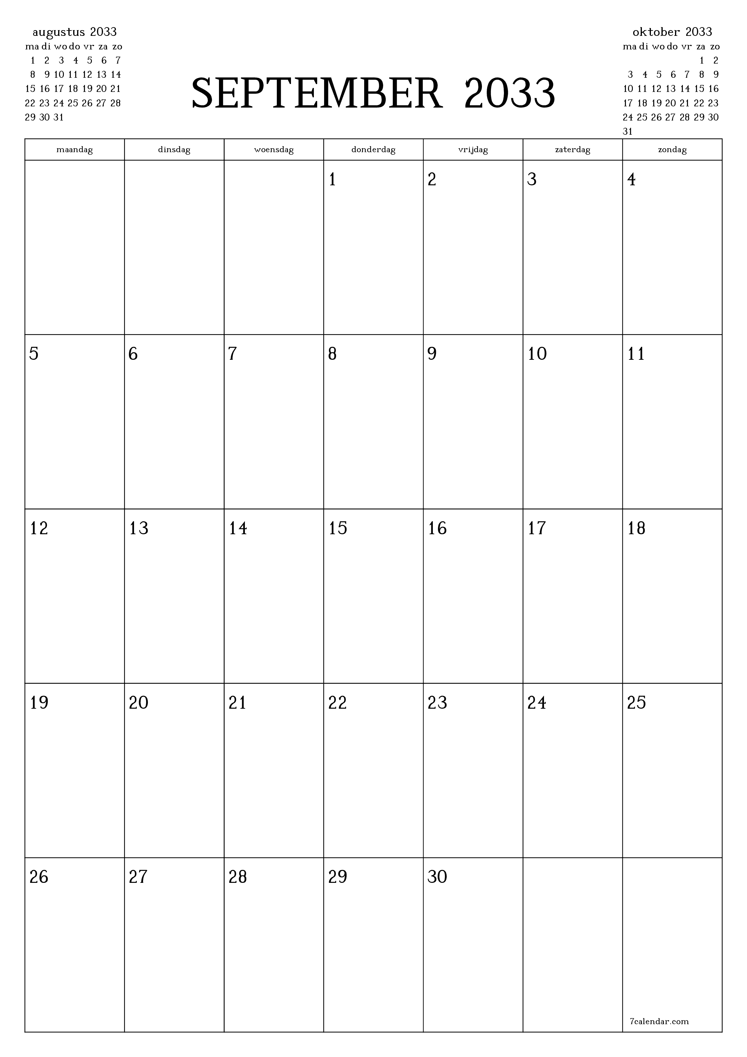 afdrukbare muur sjabloon gratis verticaal Maandelijks planner kalender september (sep) 2033