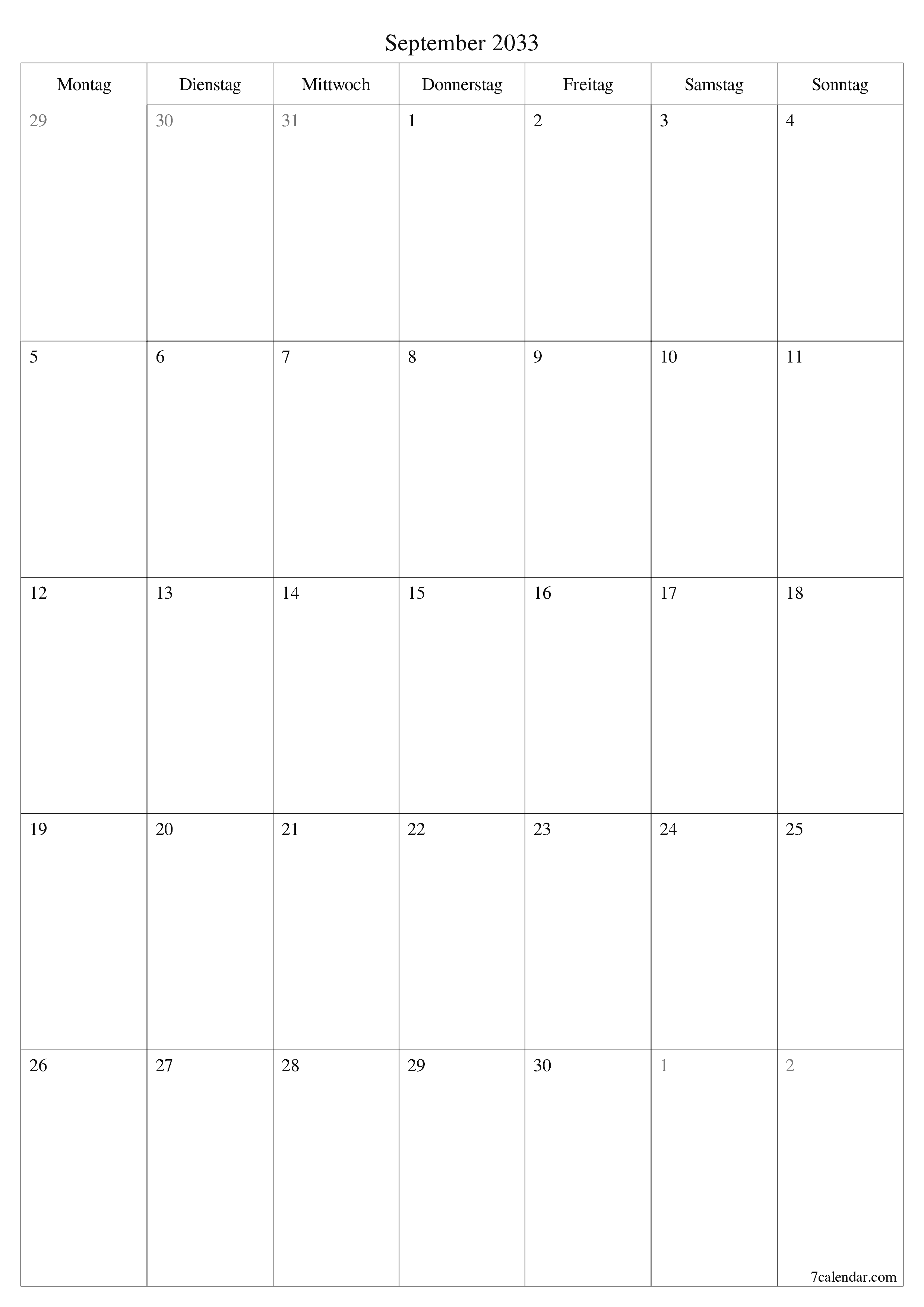  zum Ausdrucken Wandkalender vorlage kostenloser vertikal Monatlich Planer Kalender September (Sep) 2033