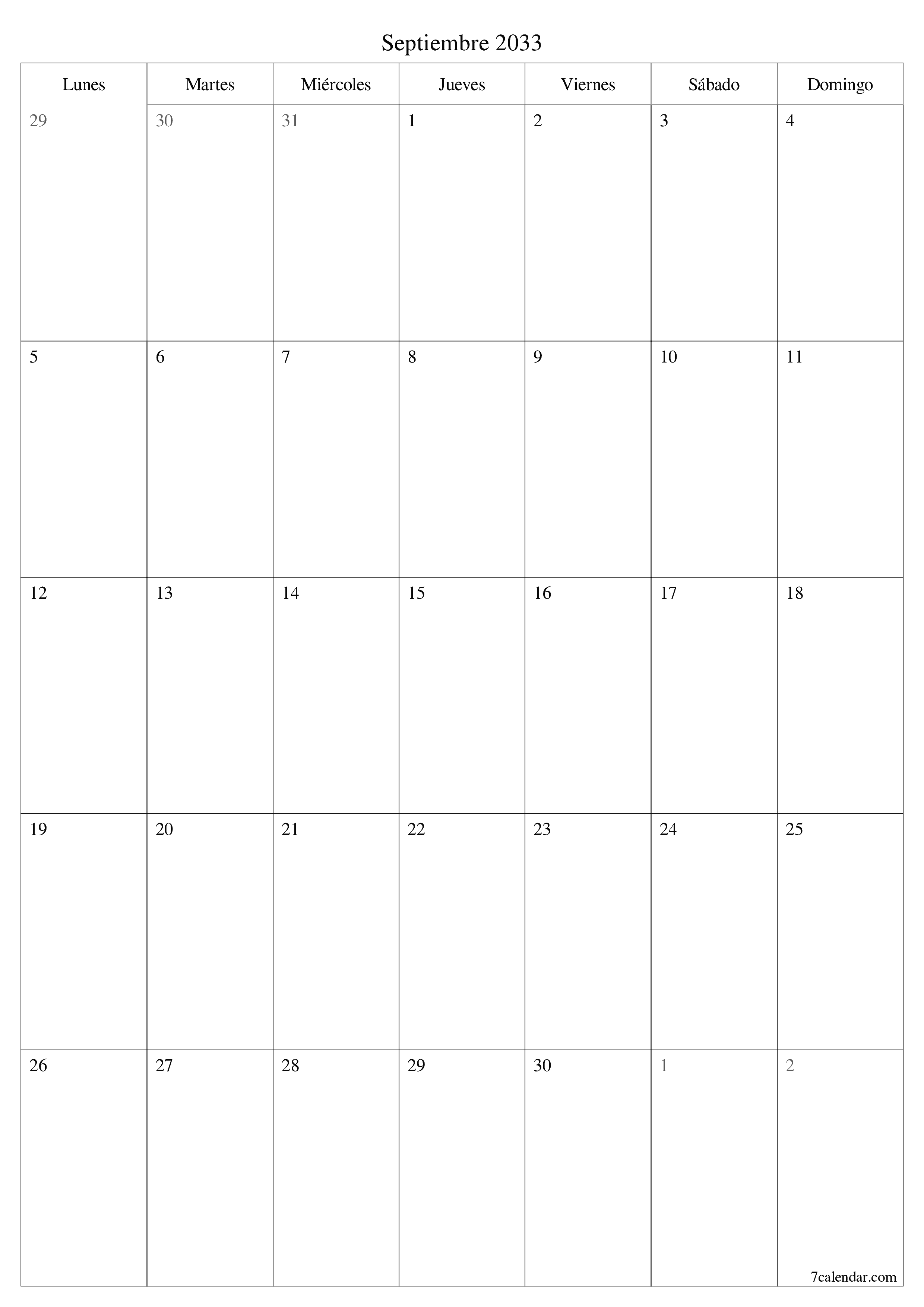  imprimible de pared plantilla de gratisvertical Mensual planificador calendario Septiembre (Sep) 2033