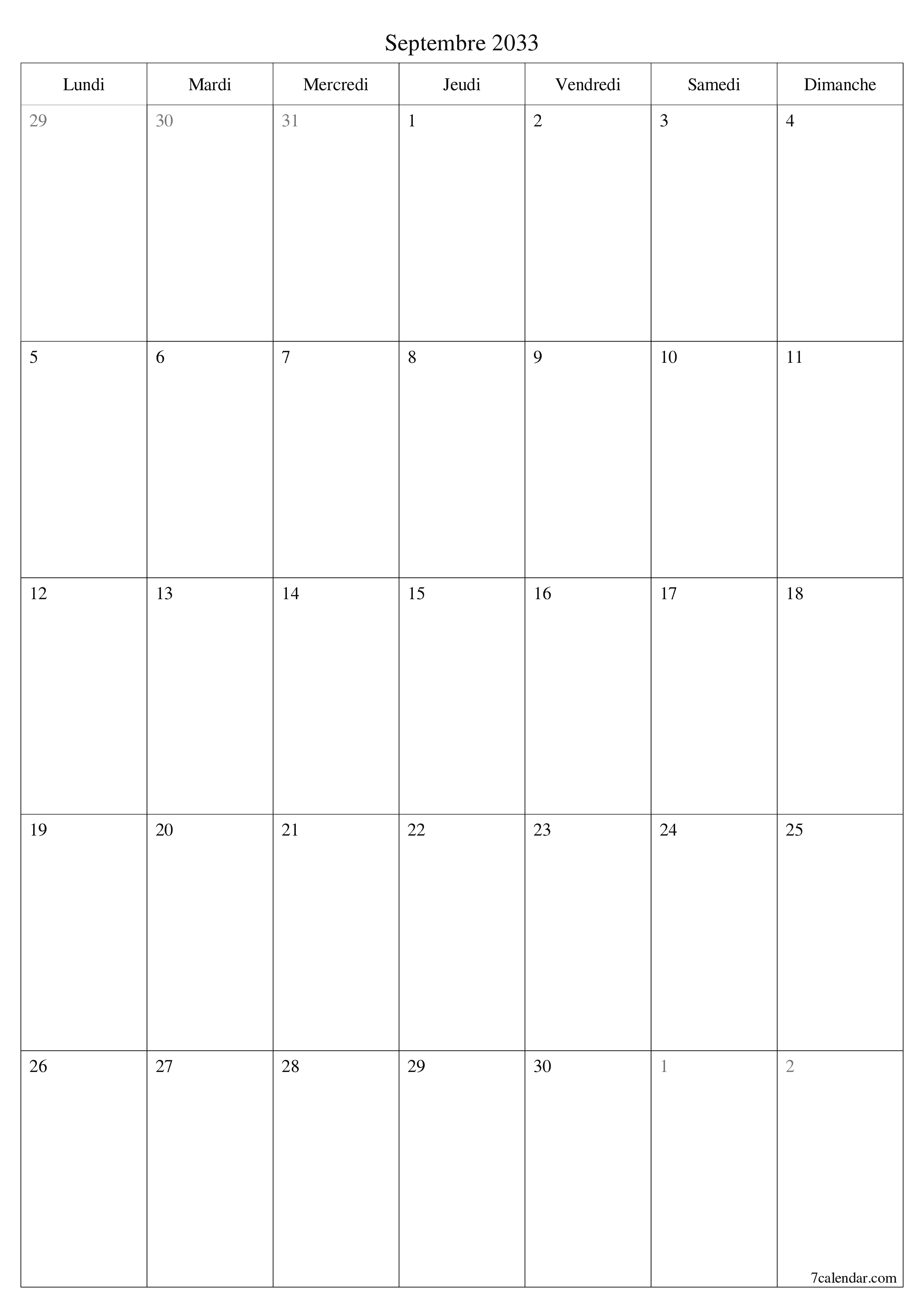 imprimable mural modèle de gratuitverticale Mensuel planificateur calendrier Septembre (Sep) 2033