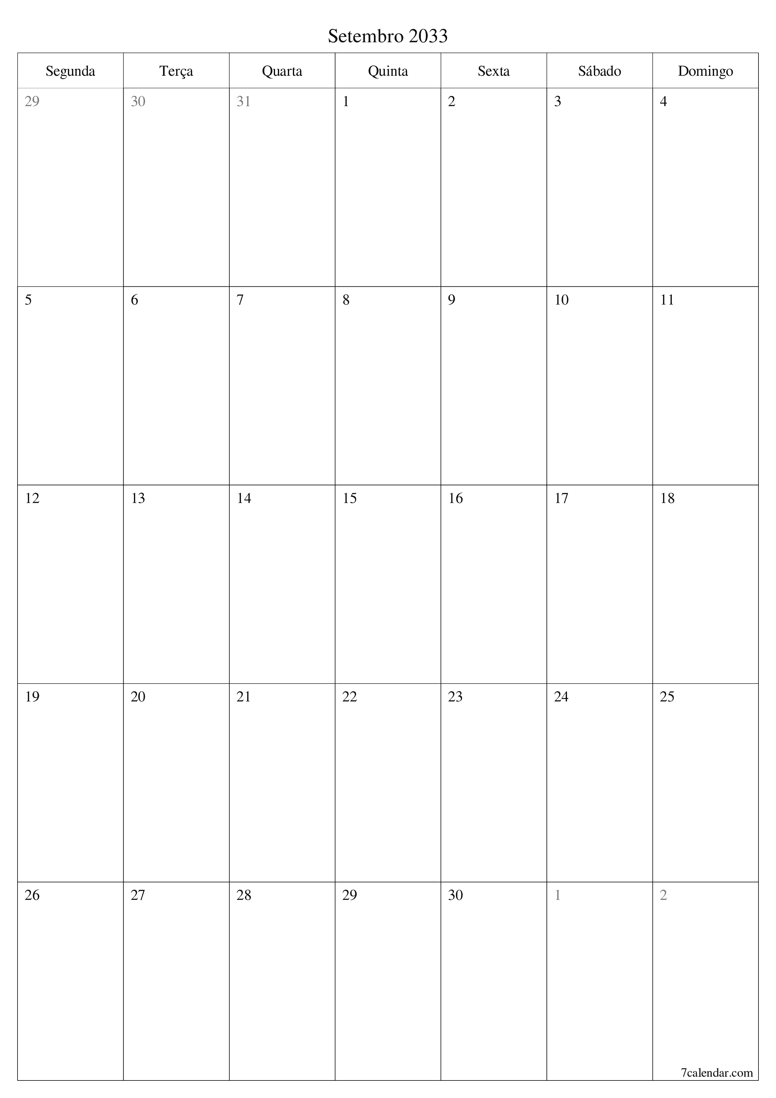  para impressão de parede modelo de grátisvertical Mensal planejador calendário Setembro (Set) 2033