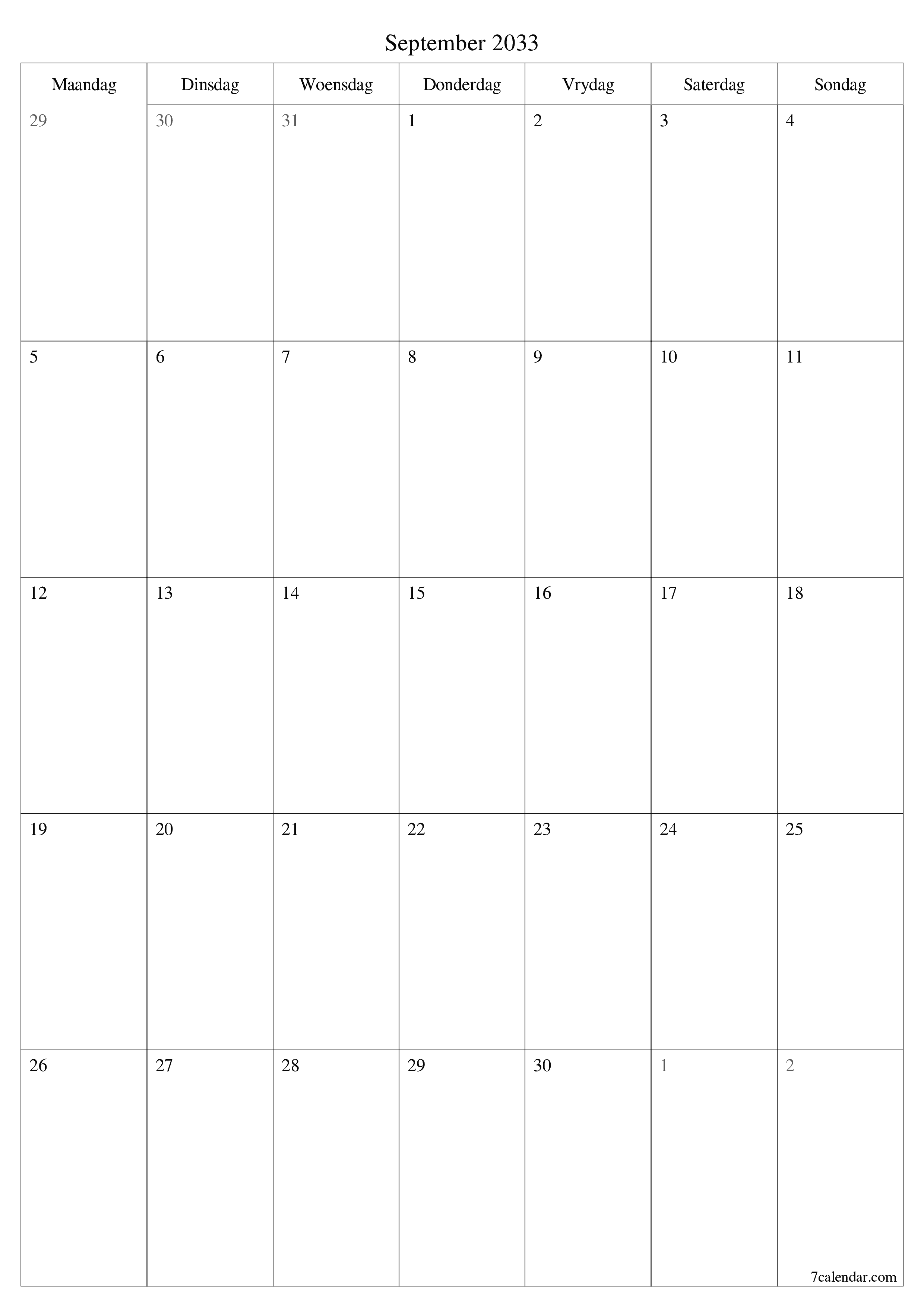 drukbare muur template gratis vertikaal Maandeliks beplanner kalender September (Sep) 2033