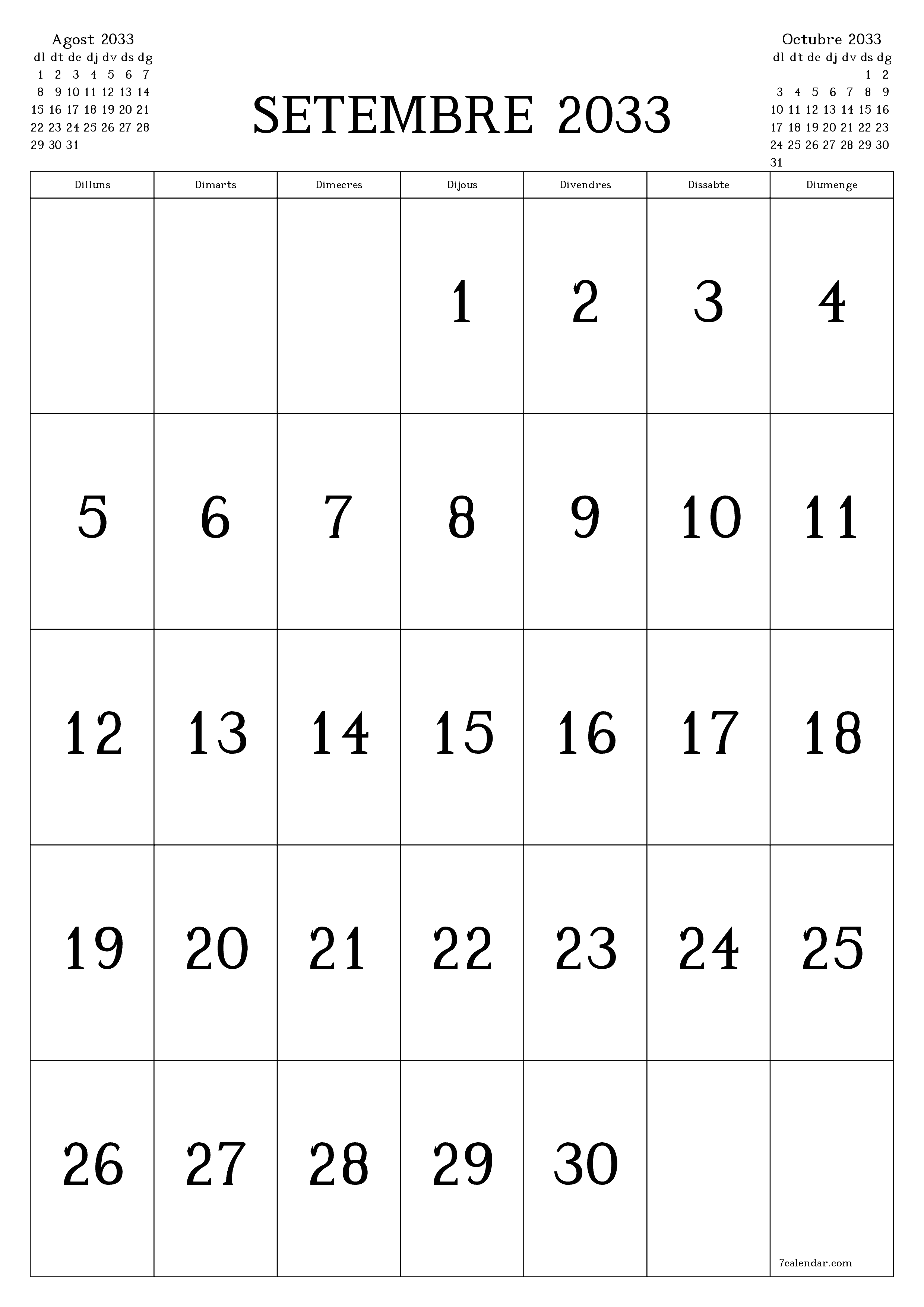  imprimible de paret plantilla de gratuïtvertical Mensual calendari Setembre (Set) 2033