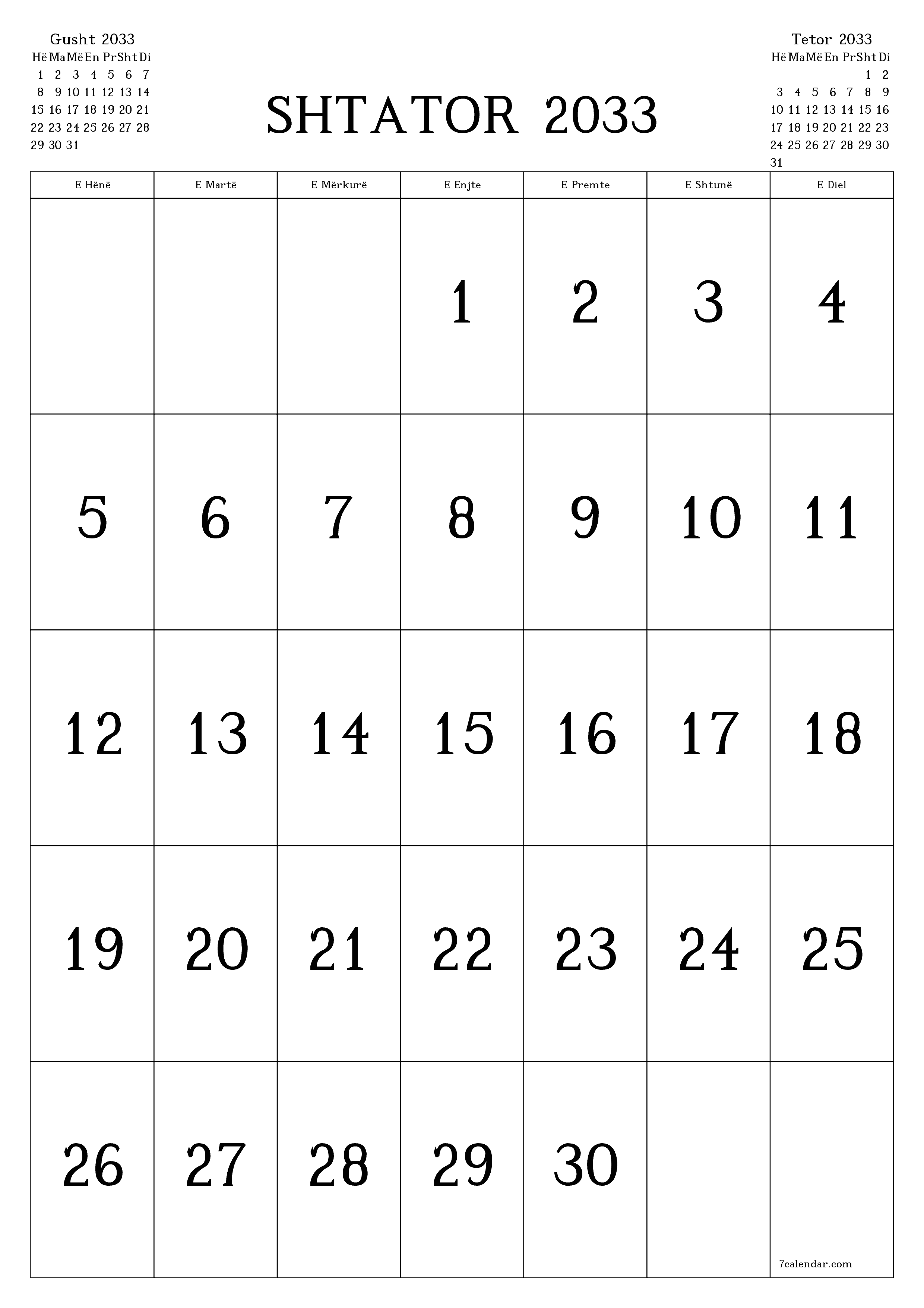  i printueshëm muri shabllon falasvertikale mujore kalendar Shtator (Sht) 2033
