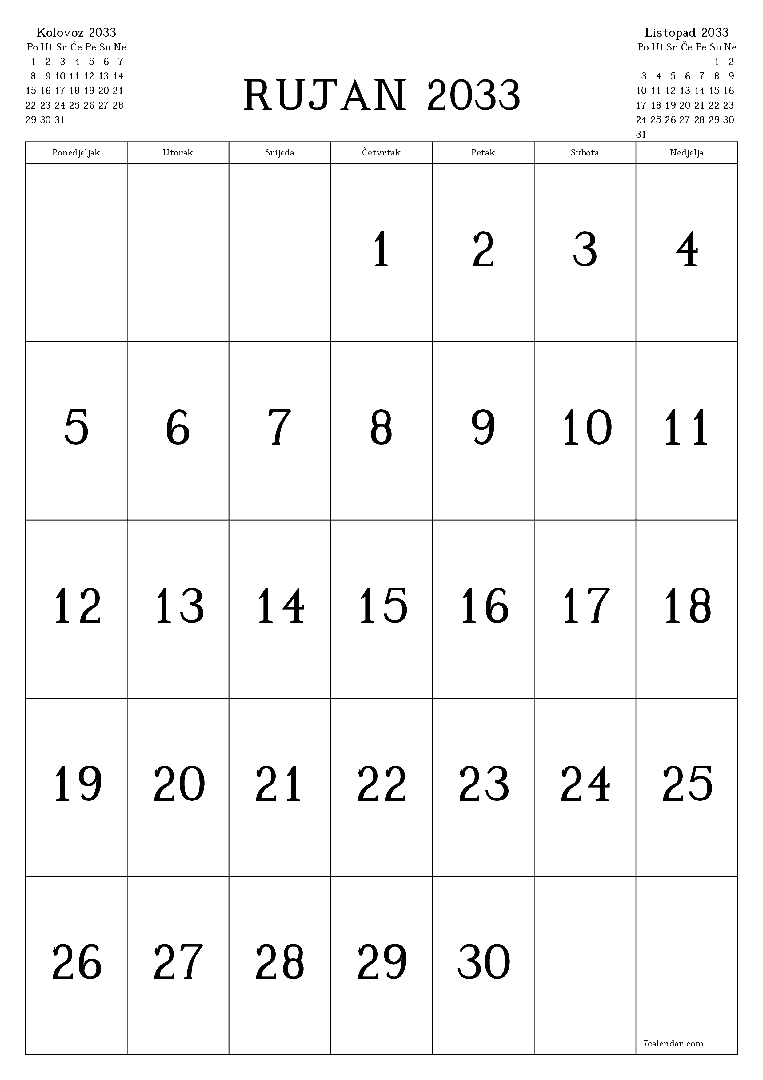  za ispis zidni predložak a besplatni okomito Mjesečni kalendar Rujan (Ruj) 2033