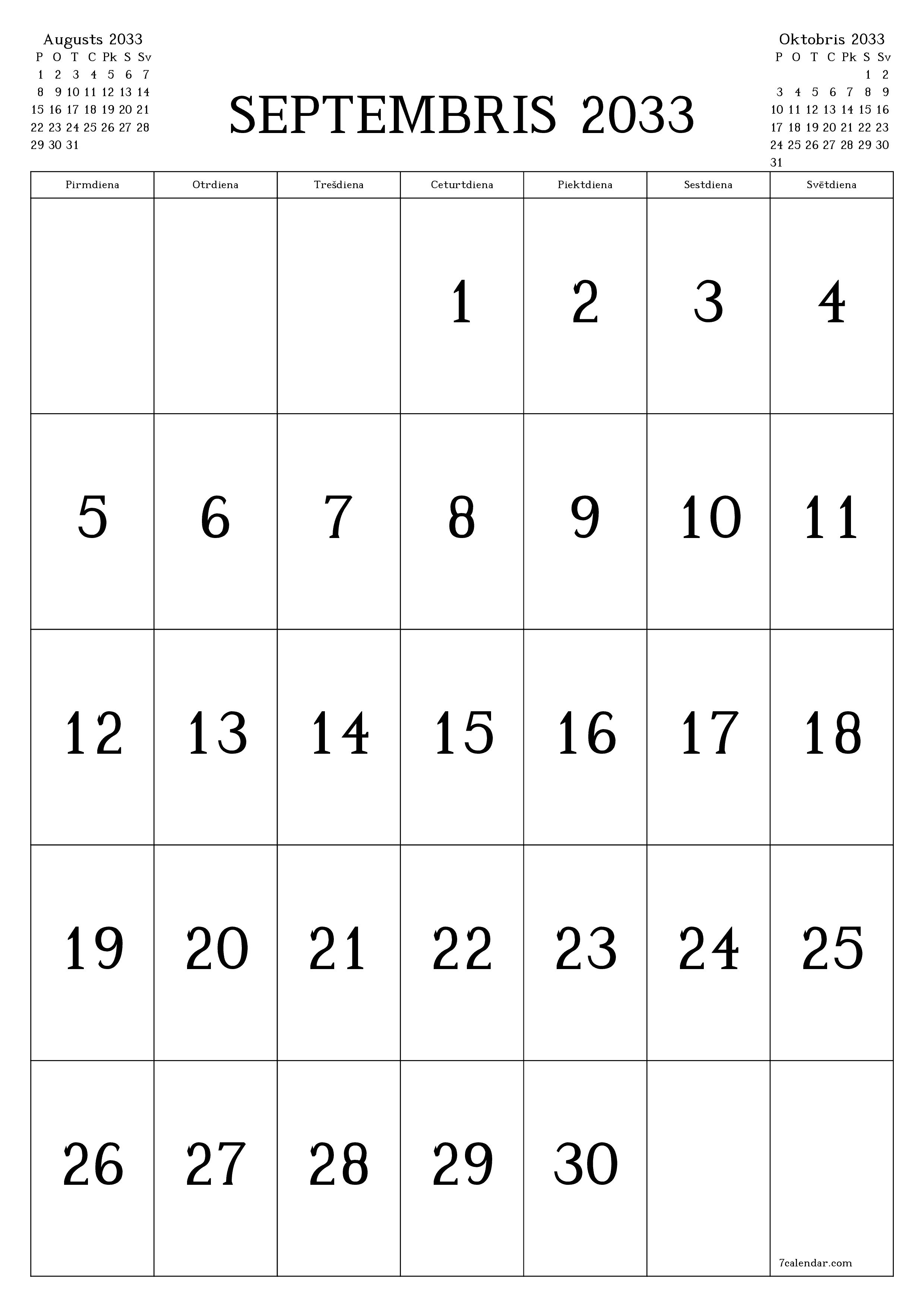 izdrukājams sienas kalendāra veidne bezmaksas vertikāli Mēneša kalendārs Septembris (Sep) 2033