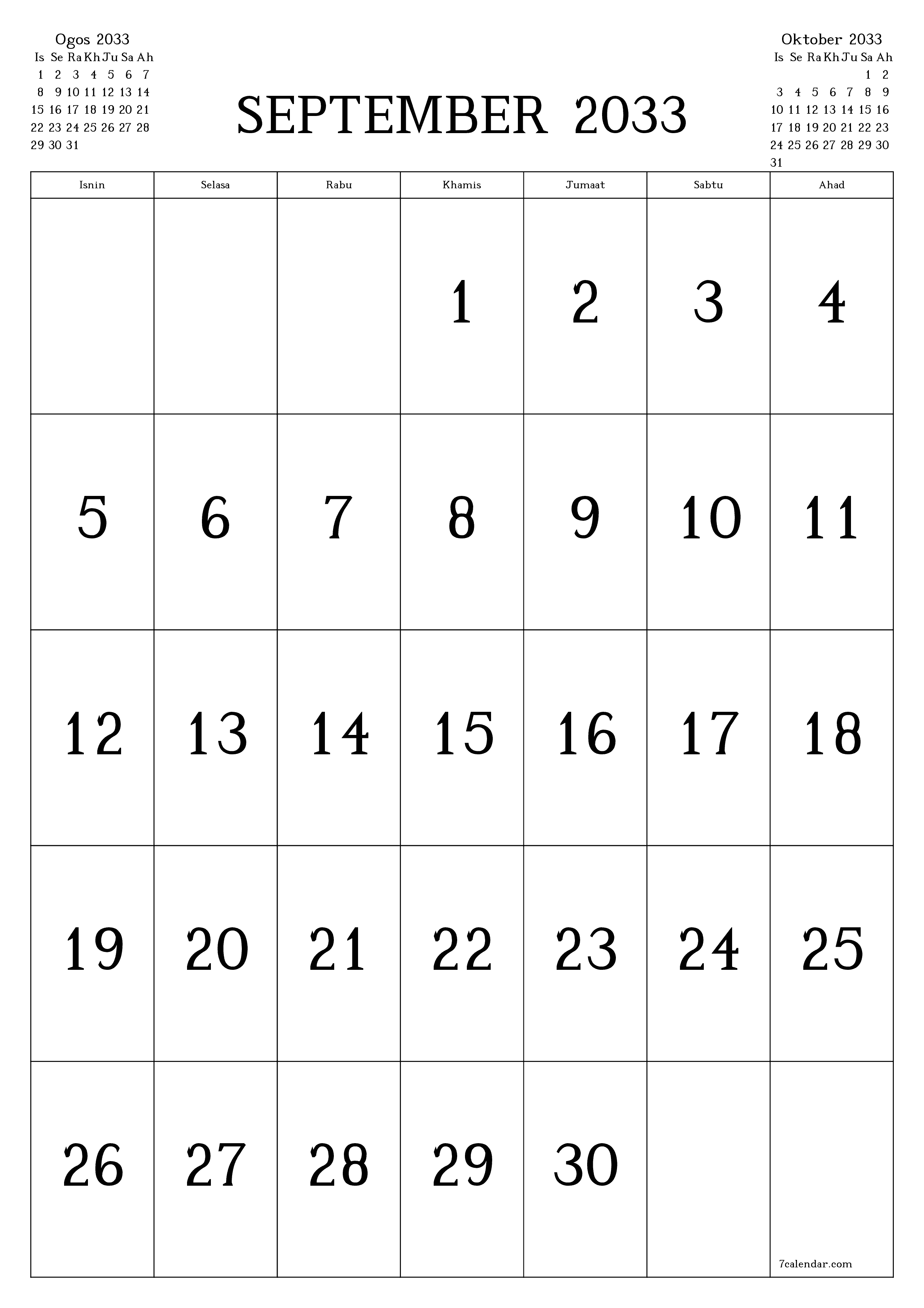 boleh cetak dinding templat percumamenegak Bulanan kalendar September (Sep) 2033