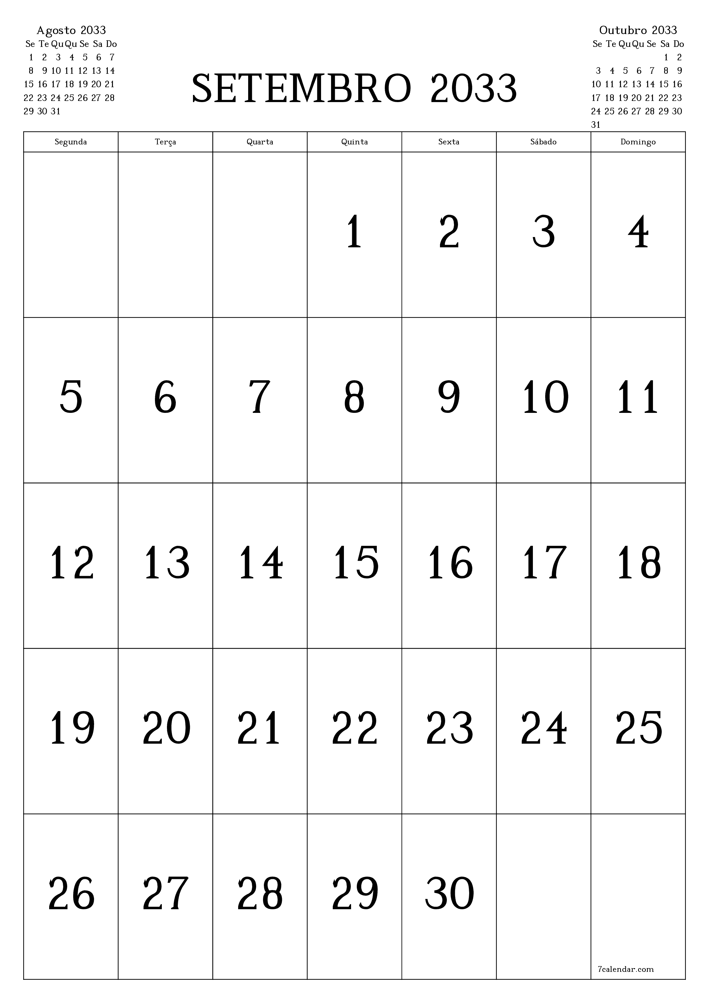  para impressão de parede modelo de grátisvertical Mensal calendário Setembro (Set) 2033