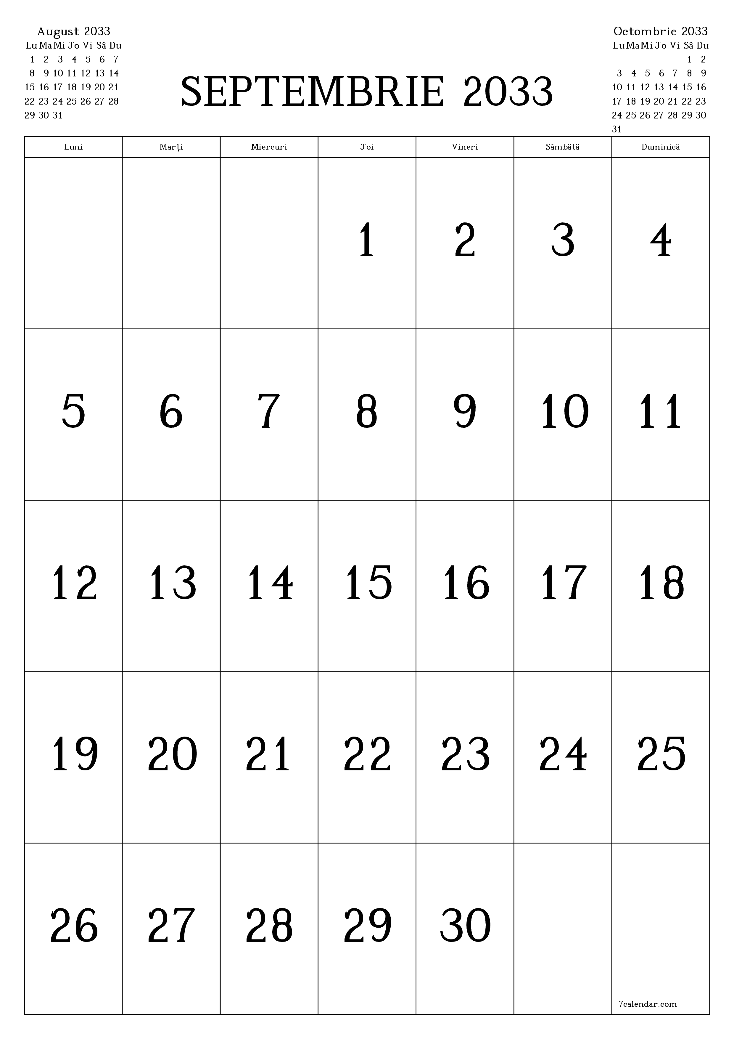  imprimabil de perete șablon de gratuitvertical Lunar calendar Septembrie (Sep) 2033