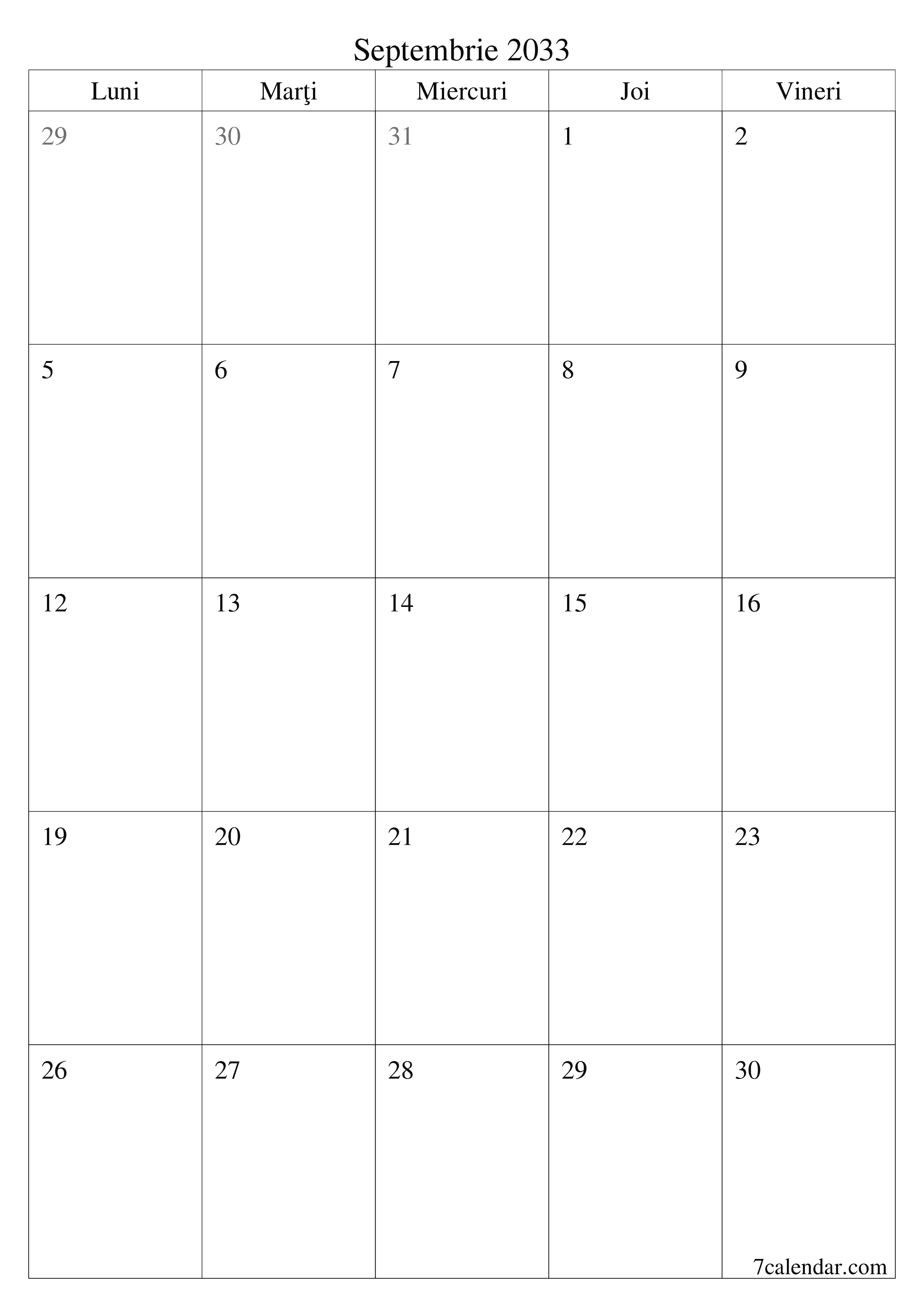  imprimabil de perete șablon de gratuitvertical Lunar planificator calendar Septembrie (Sep) 2033