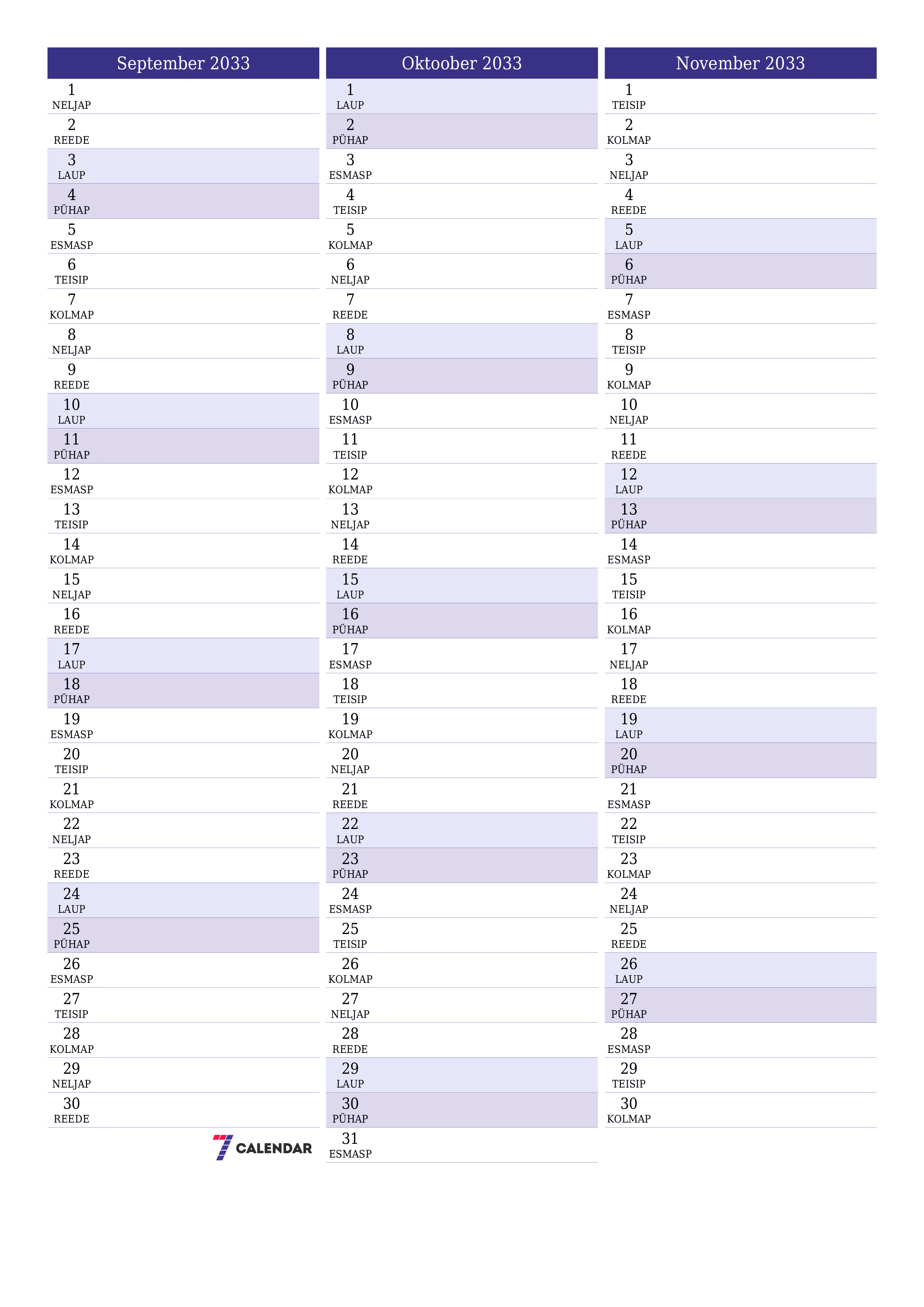 prinditav seina kalendri mall tasuta vertikaalne Igakuine planeerija kalender September (Sept) 2033