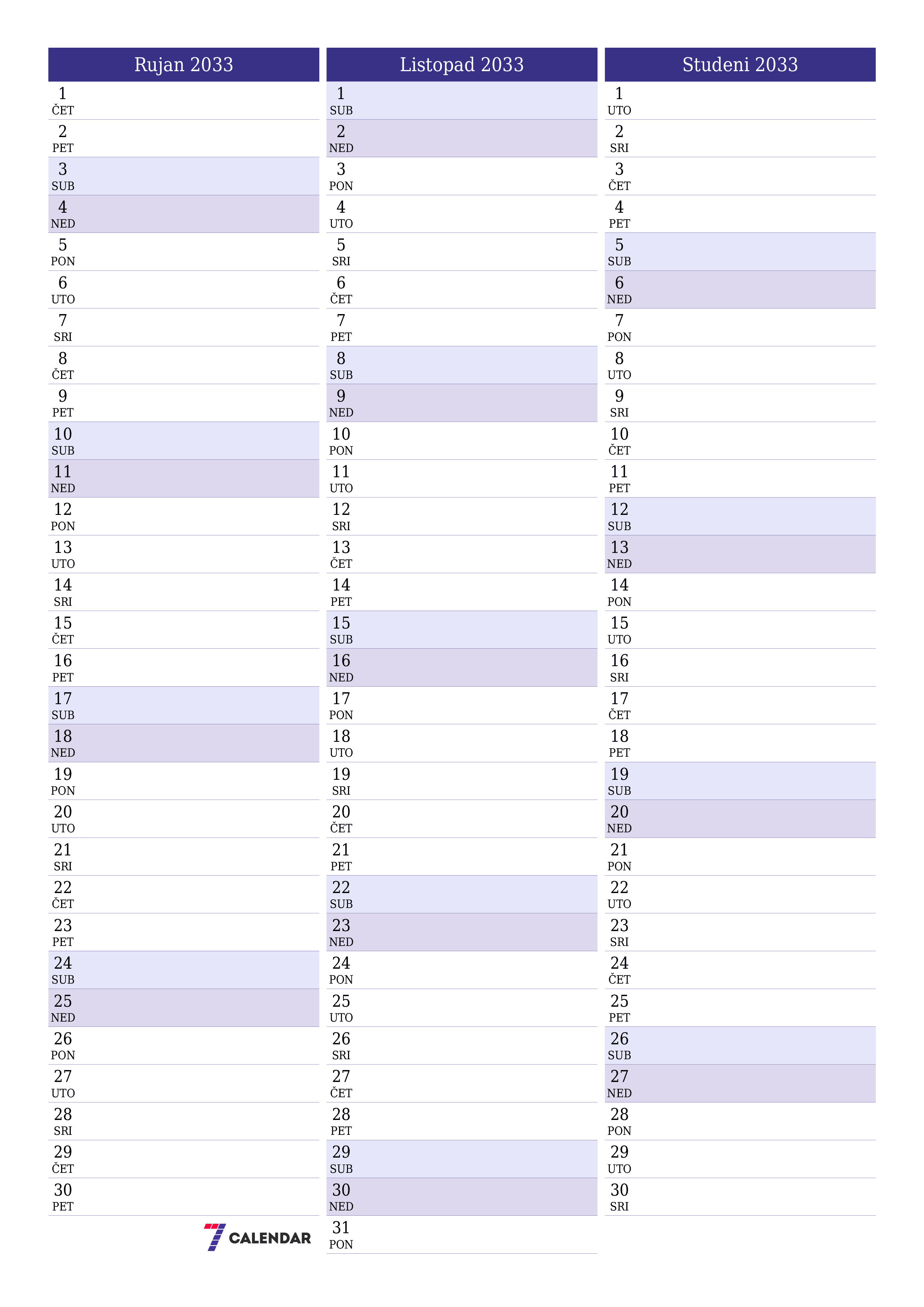  za ispis zidni predložak a besplatni okomito Mjesečni planer kalendar Rujan (Ruj) 2033