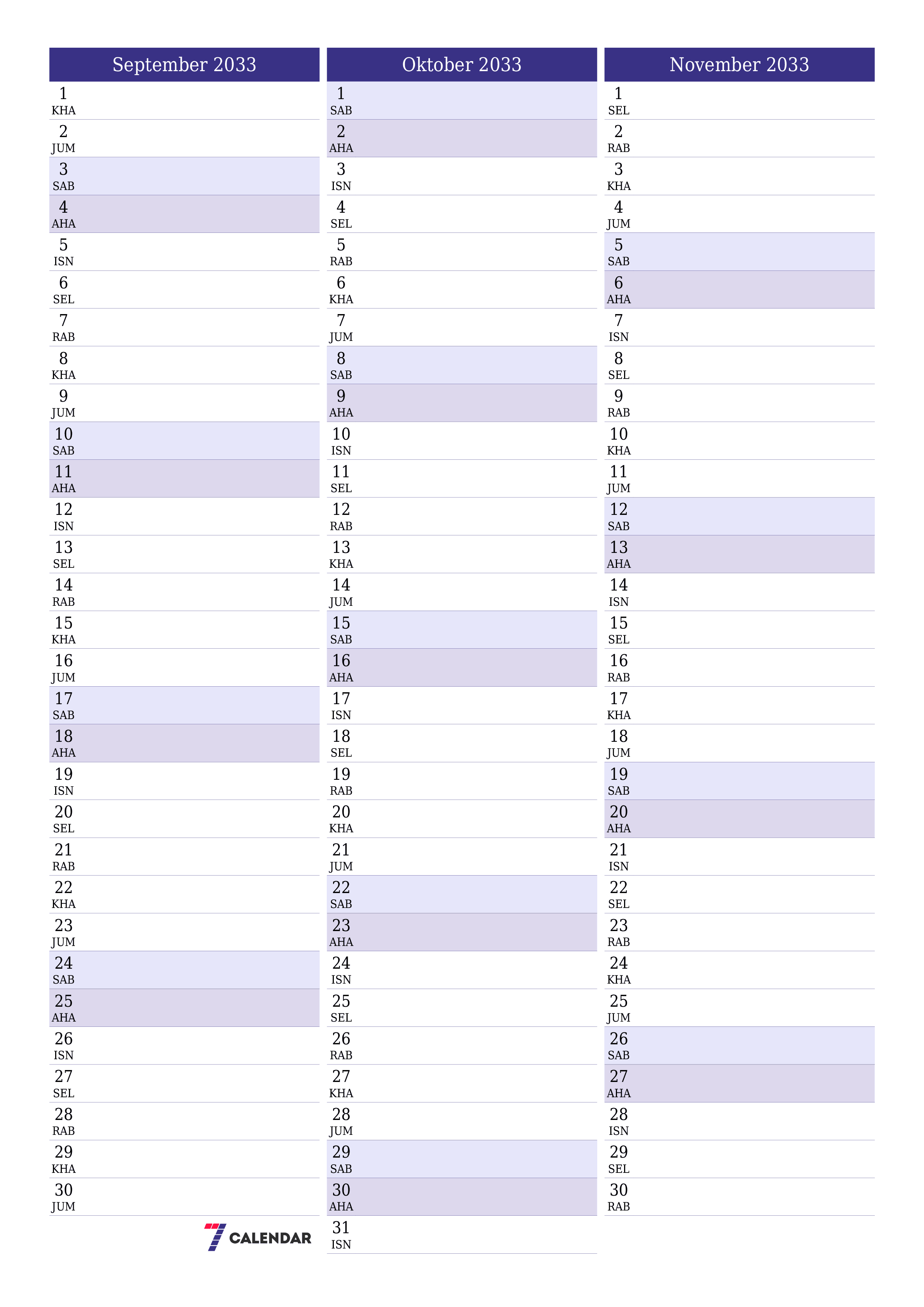  boleh cetak dinding templat percumamenegak Bulanan perancang kalendar September (Sep) 2033