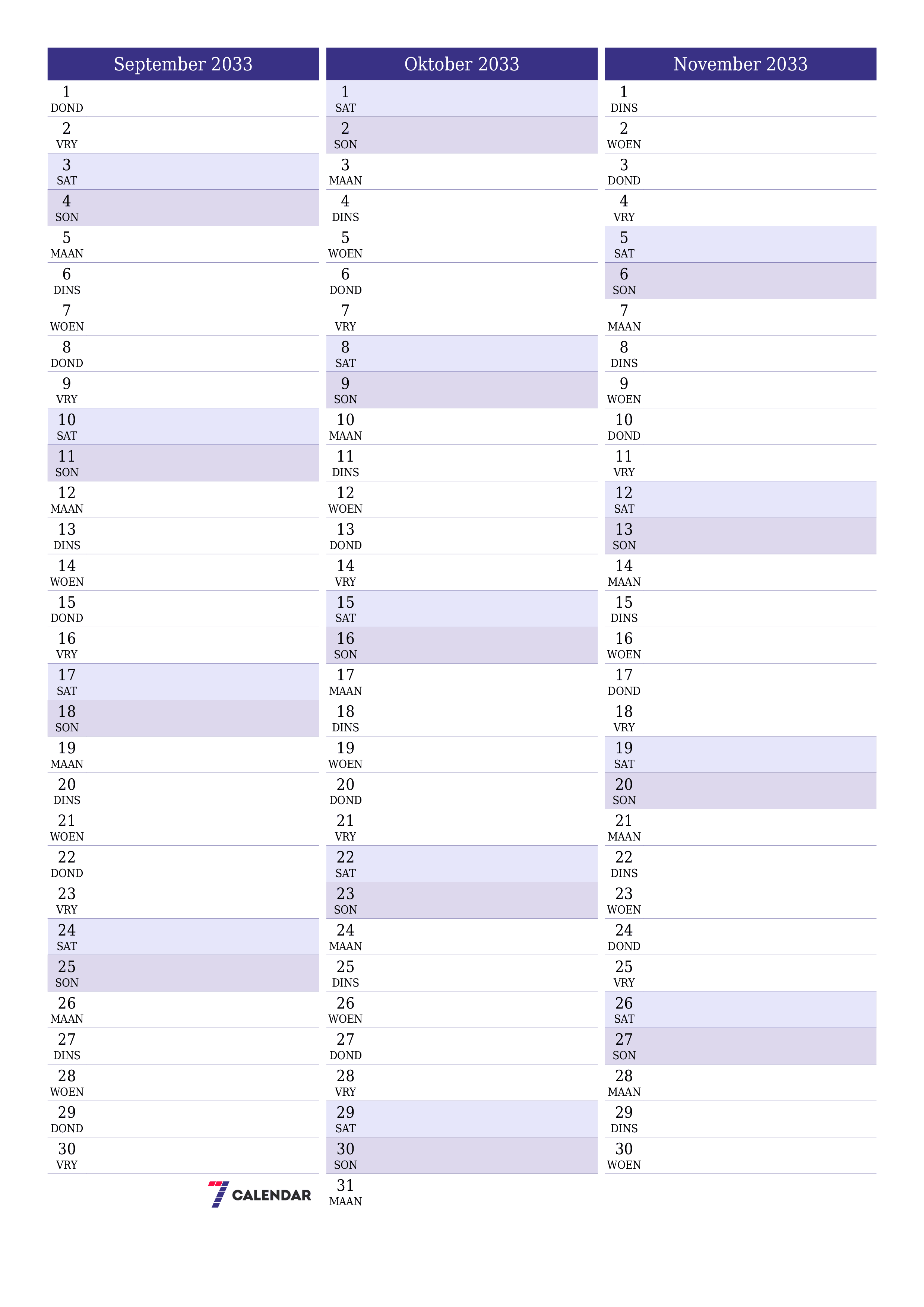 drukbare muur template gratis vertikaal Maandeliks beplanner kalender September (Sep) 2033