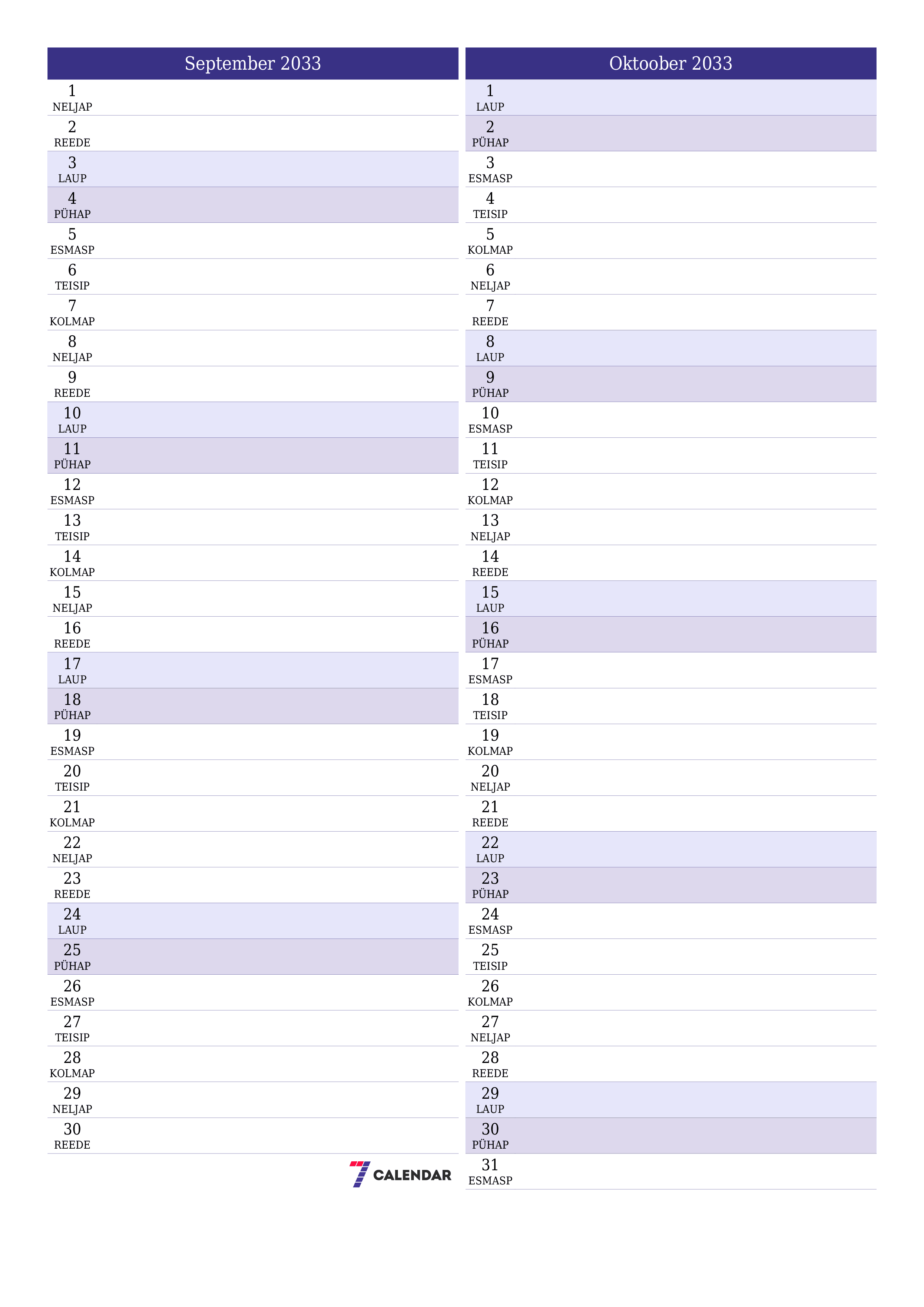prinditav seina kalendri mall tasuta vertikaalne Igakuine planeerija kalender September (Sept) 2033