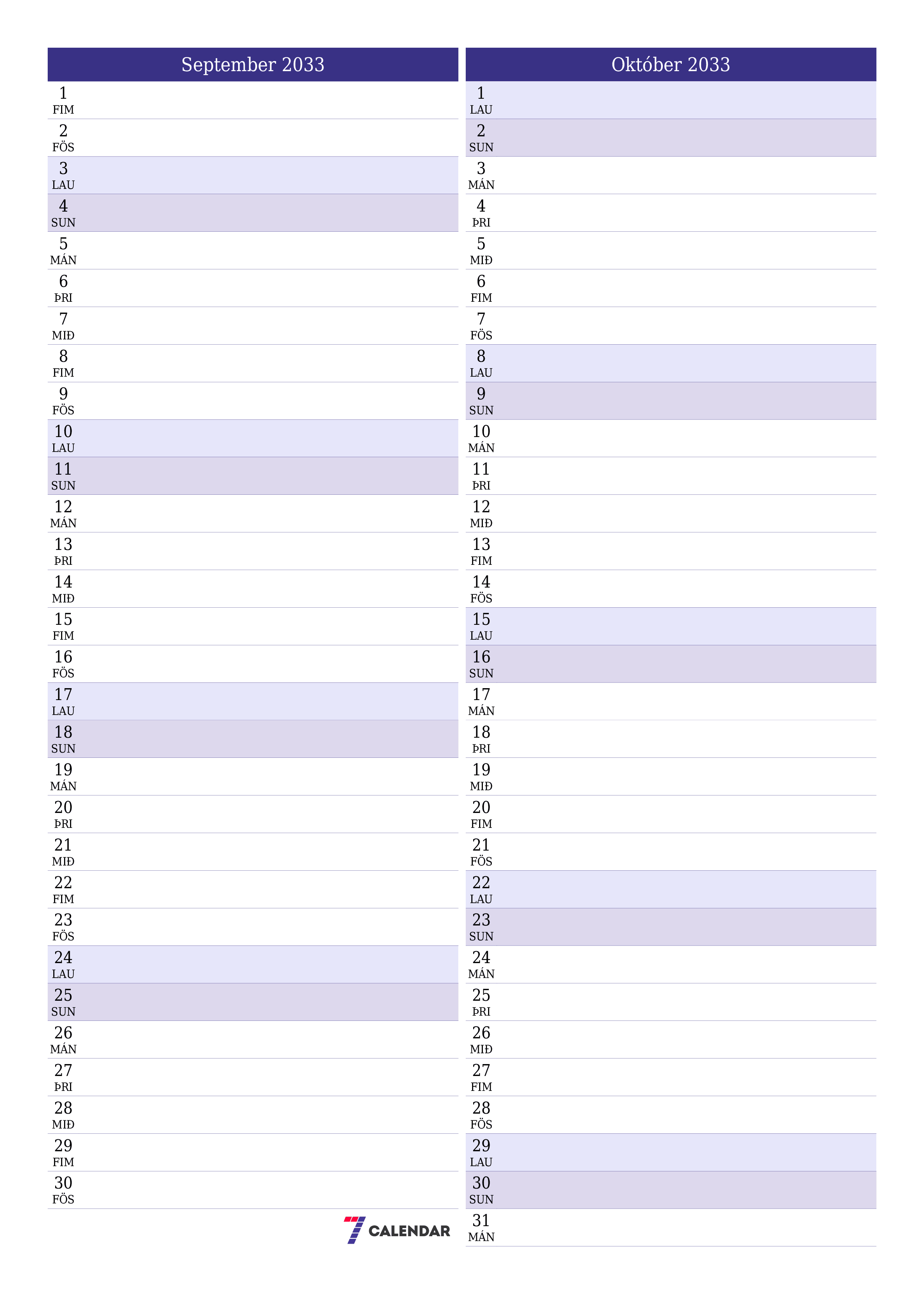 prentanlegt vegg sniðmát fyrir ókeypis lóðrétt Mánaðarlegt skipuleggjandi dagatal September (Sep) 2033