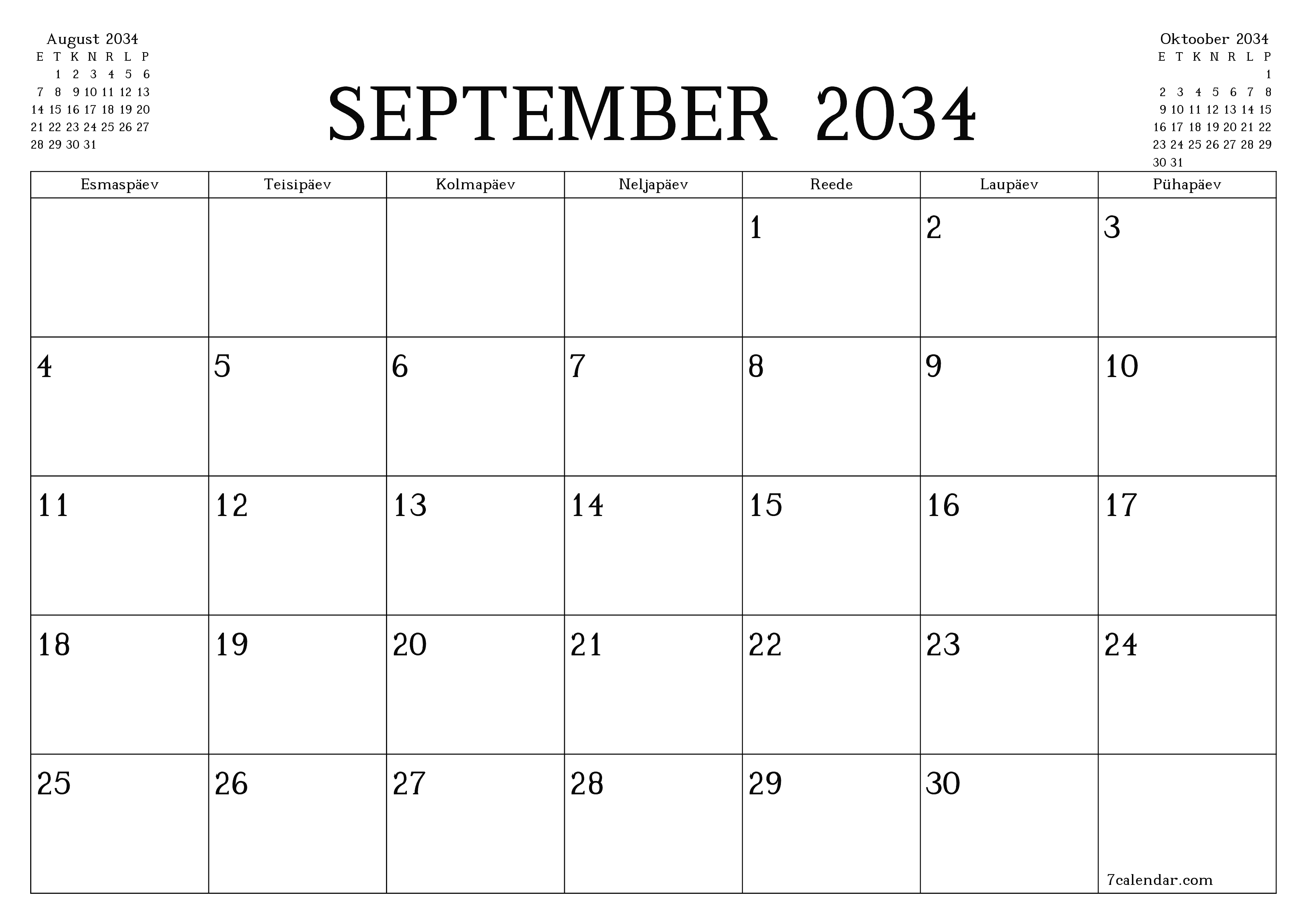 Tühjendage kuu September 2034 kuuplaneerija märkmetega, salvestage ja printige PDF-i PNG Estonian