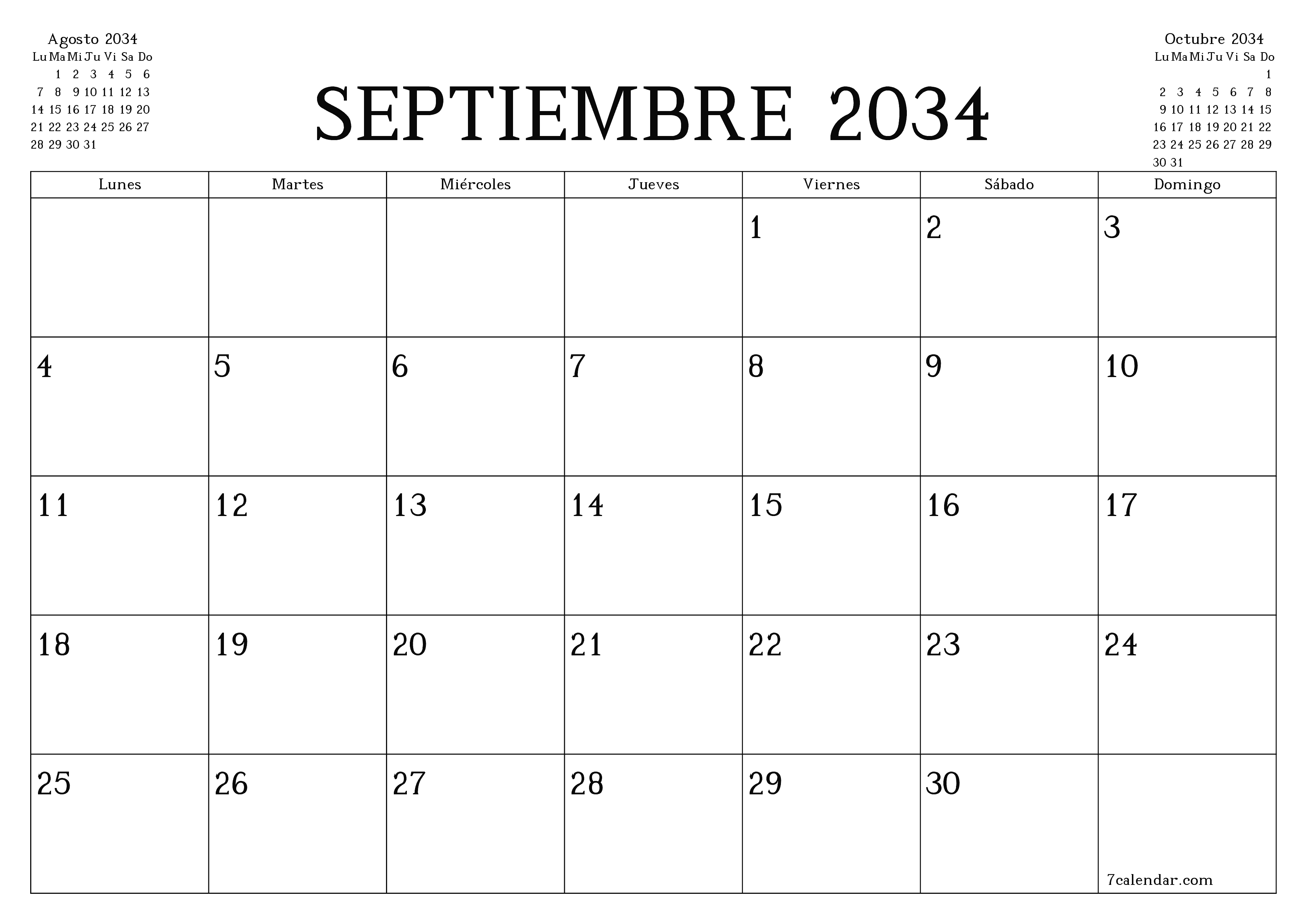 Planificador mensual vacío para el mes Septiembre 2034 con notas, guardar e imprimir en PDF PNG Spanish