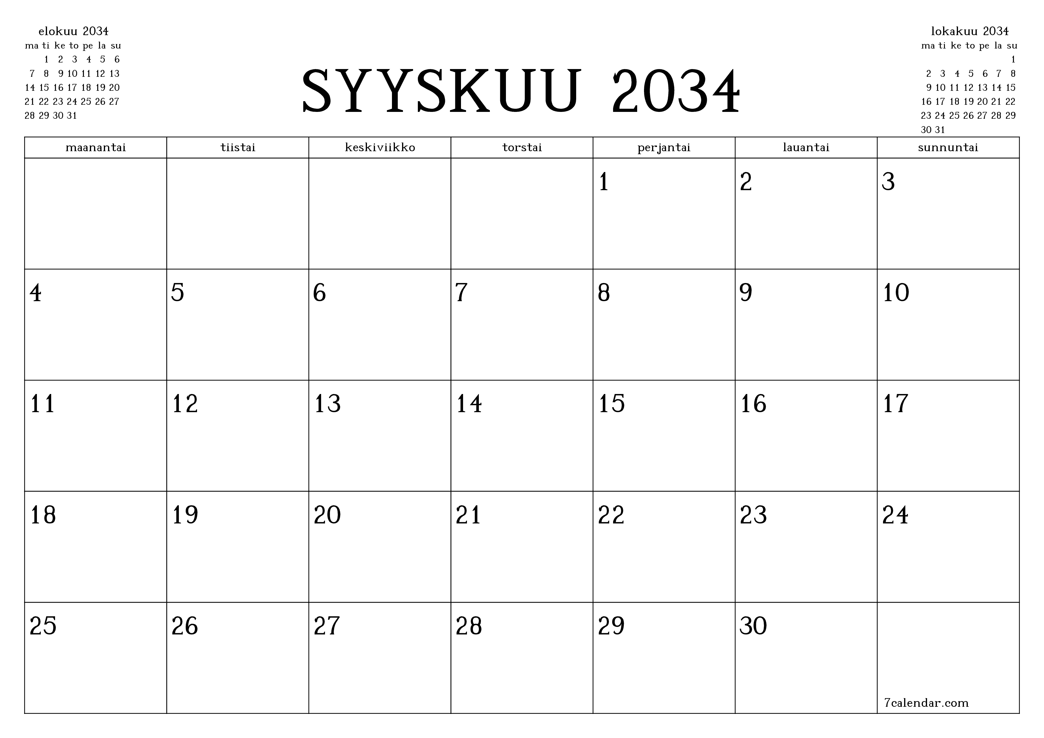 Tyhjennä kuukausittainen suunnittelija kuukaudelle Syyskuu 2034 muistiinpanoilla, tallenna ja tulosta PDF-muotoon PNG Finnish