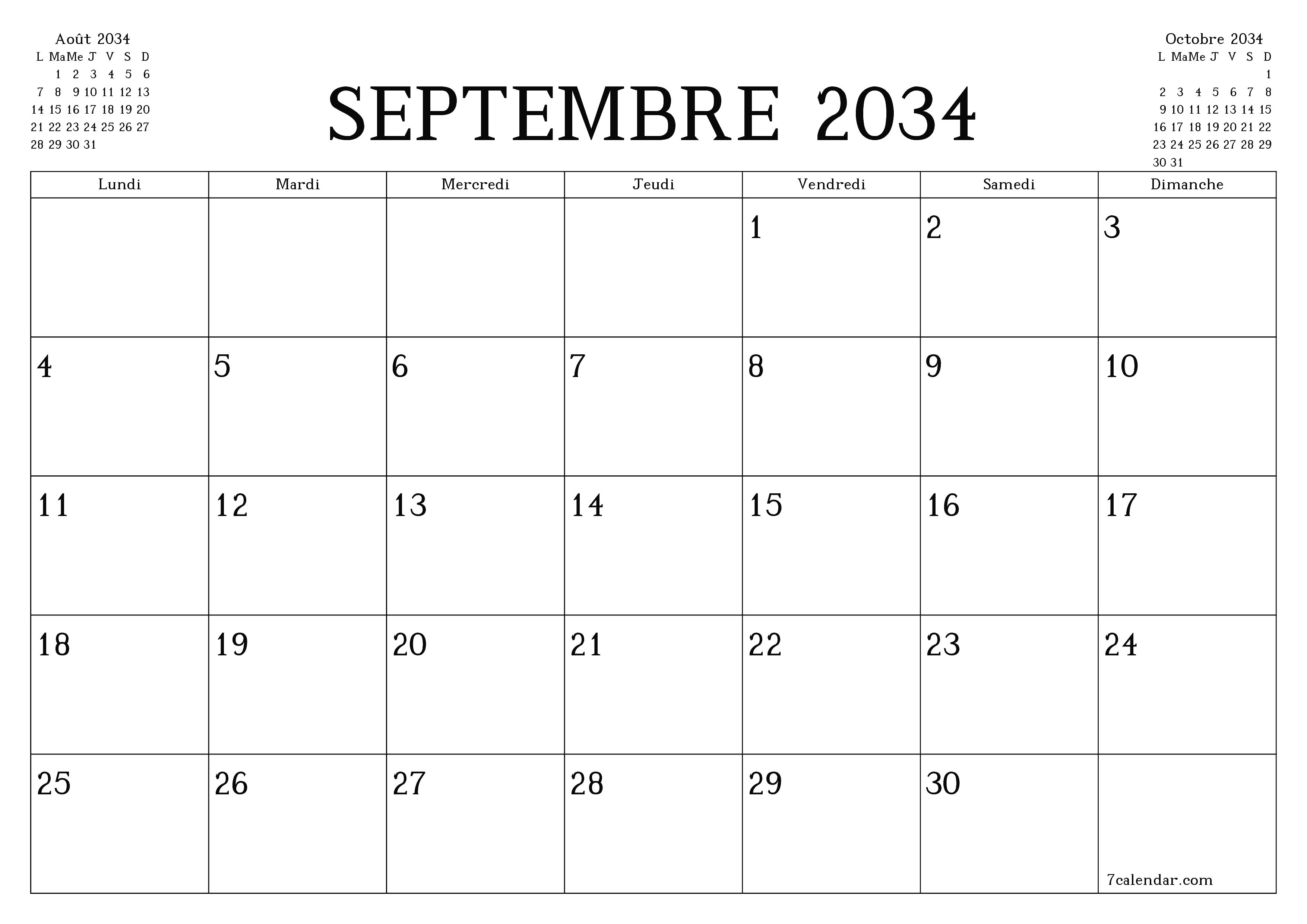 Agenda mensuel vide pour le mois Septembre 2034 avec notes, enregistrez et imprimez au format PDF PNG French