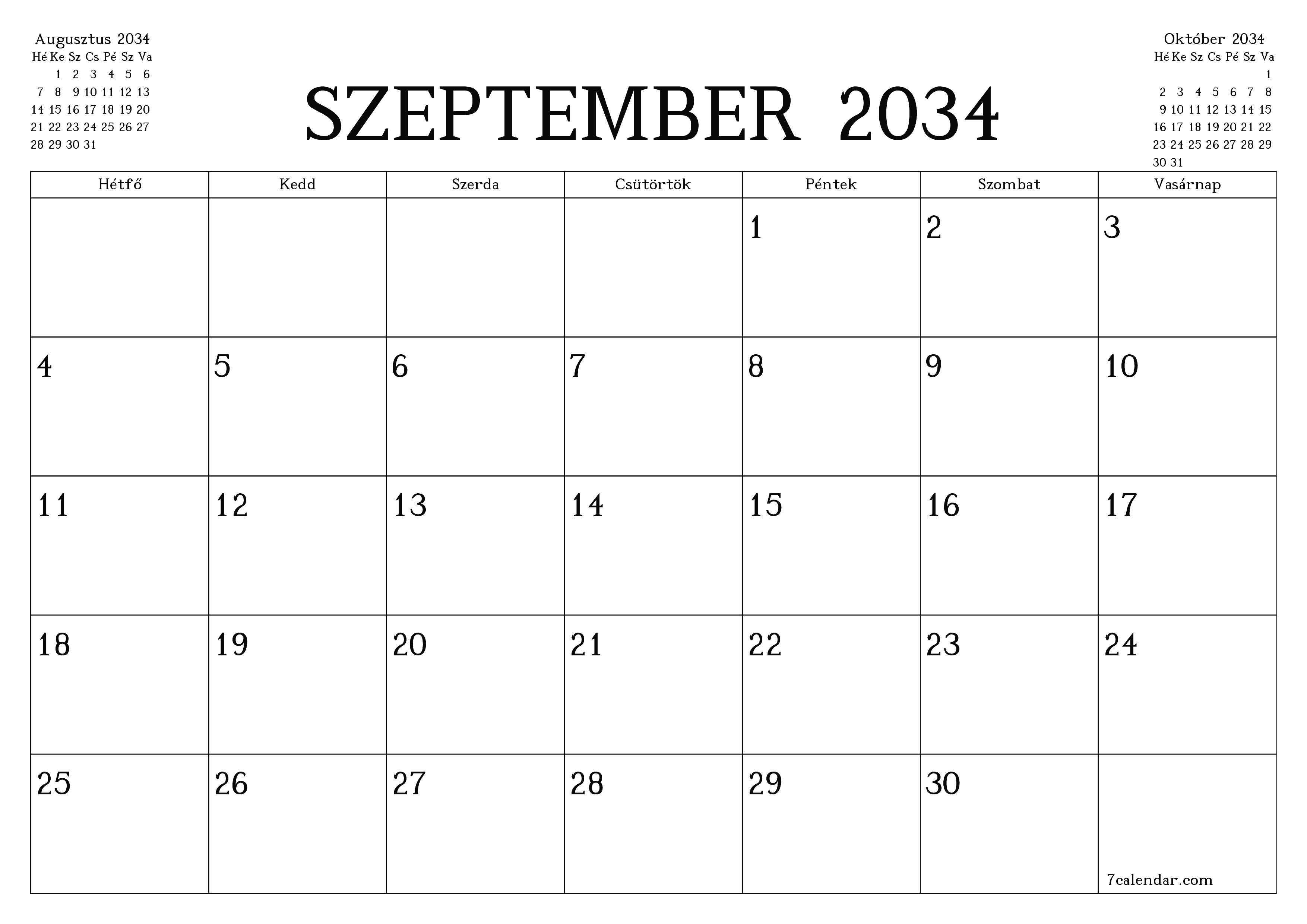 Üres havi tervező a Szeptember 2034 hónapra jegyzetekkel, mentés és nyomtatás PDF-be PNG Hungarian