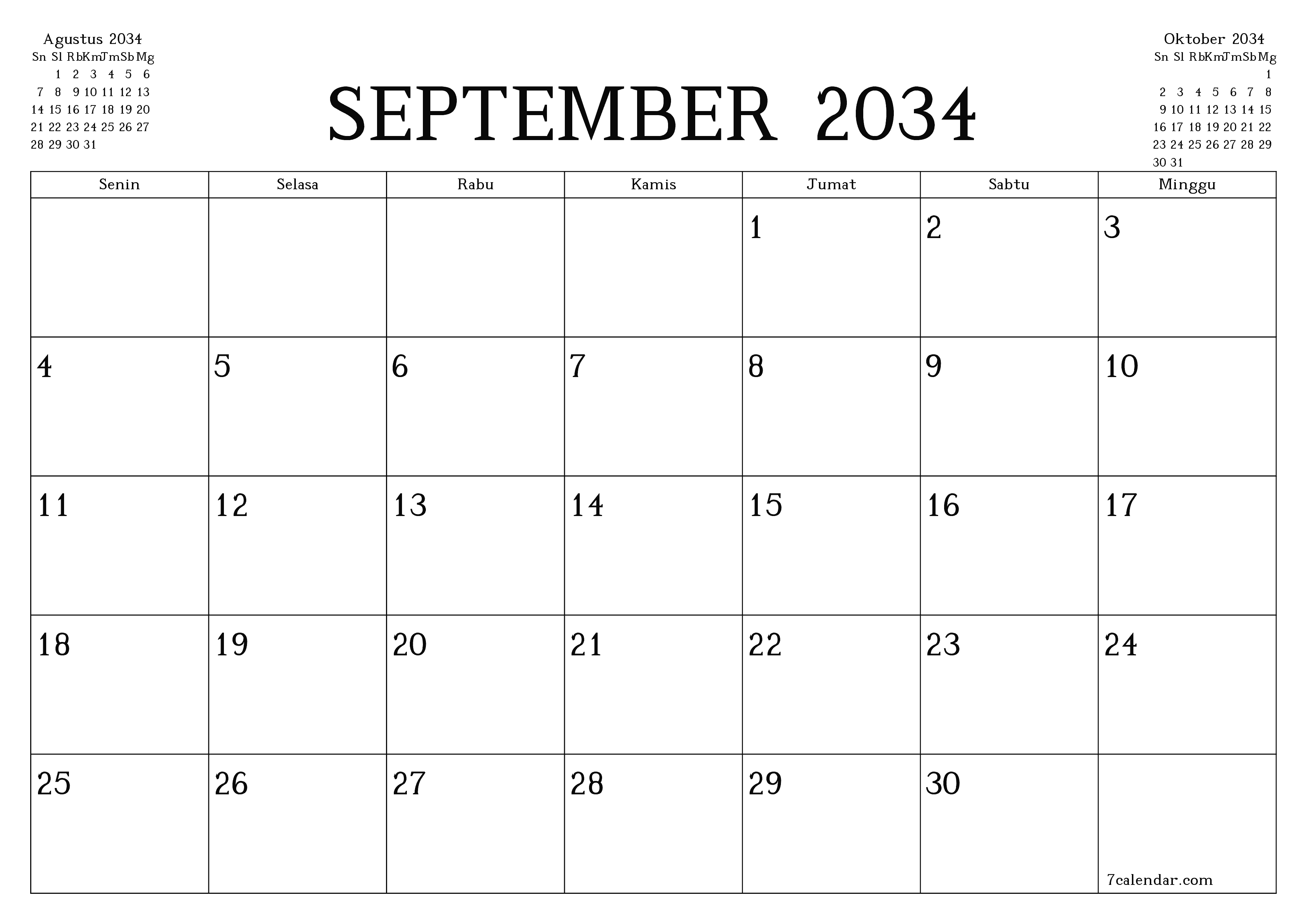 Kosongkan agenda bulanan untuk bulan September 2034 dengan catatan, simpan dan cetak ke PDF PNG Indonesian