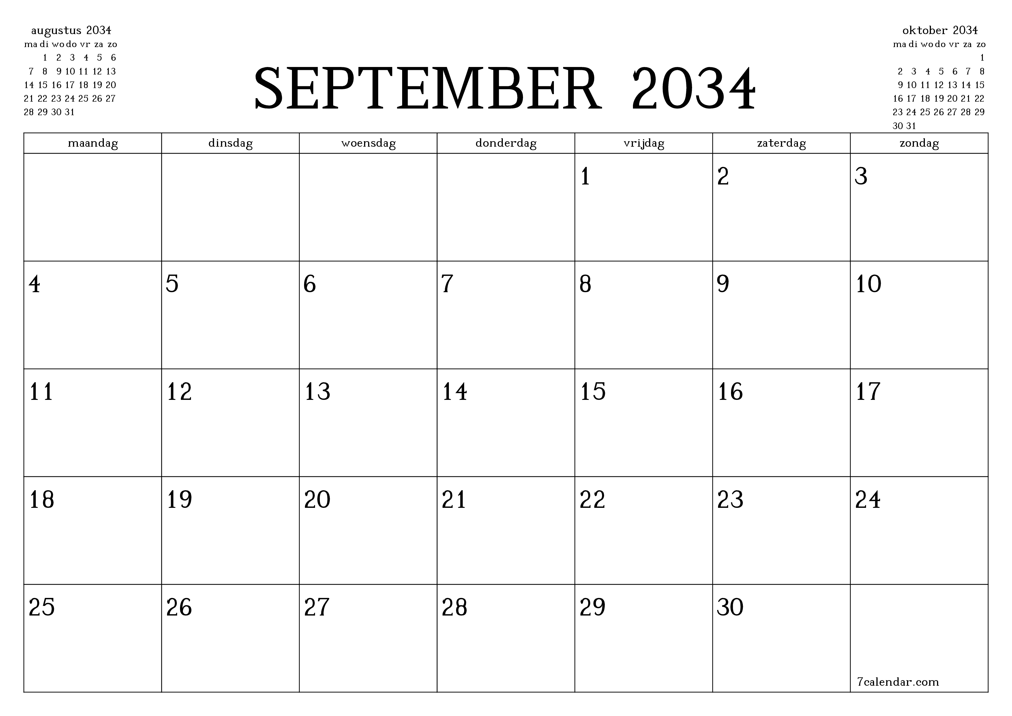 Lege maandplanner voor maand september 2034 met notities, opslaan en afdrukken naar pdf PNG Dutch