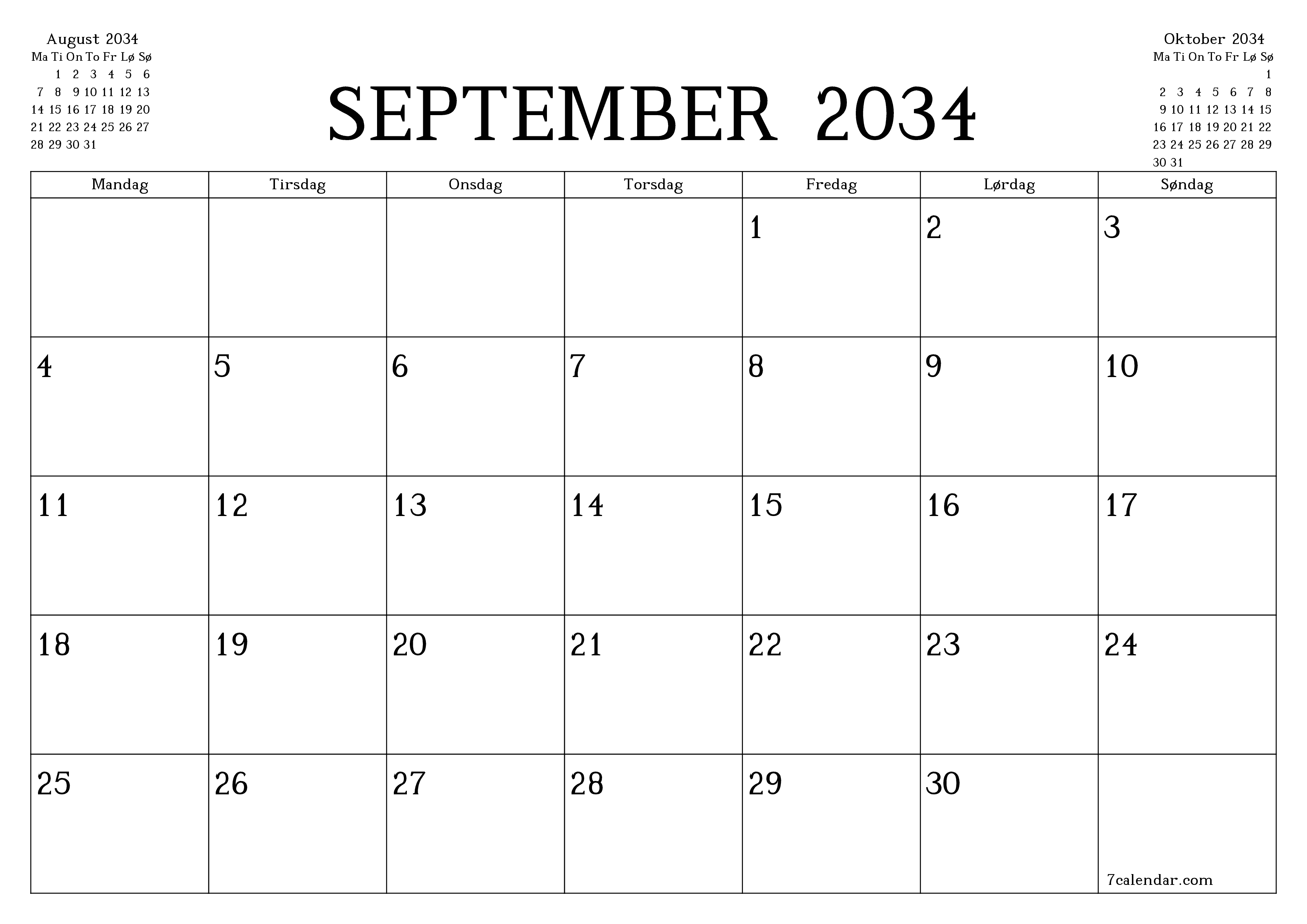 Tom månedlig planlegger for måned September 2034 med notater, lagre og skriv ut til PDF PNG Norwegian
