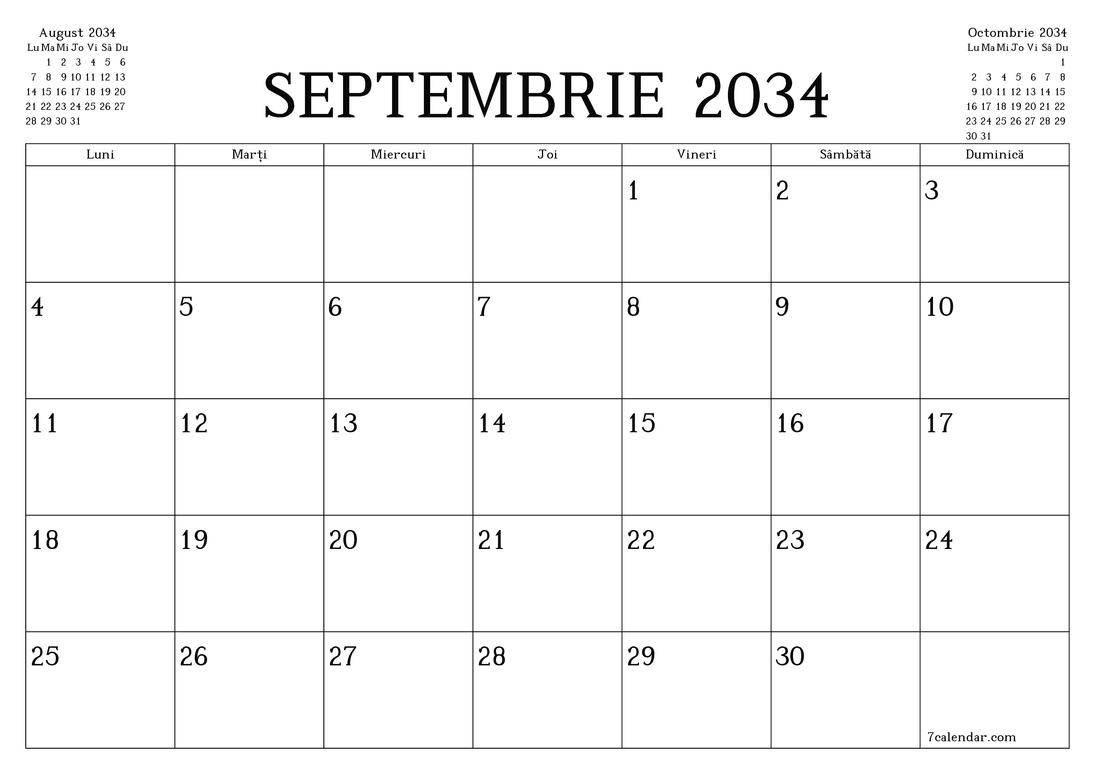 Planificator lunar gol pentru luna Septembrie 2034 cu note, salvați și tipăriți în PDF PNG Romanian