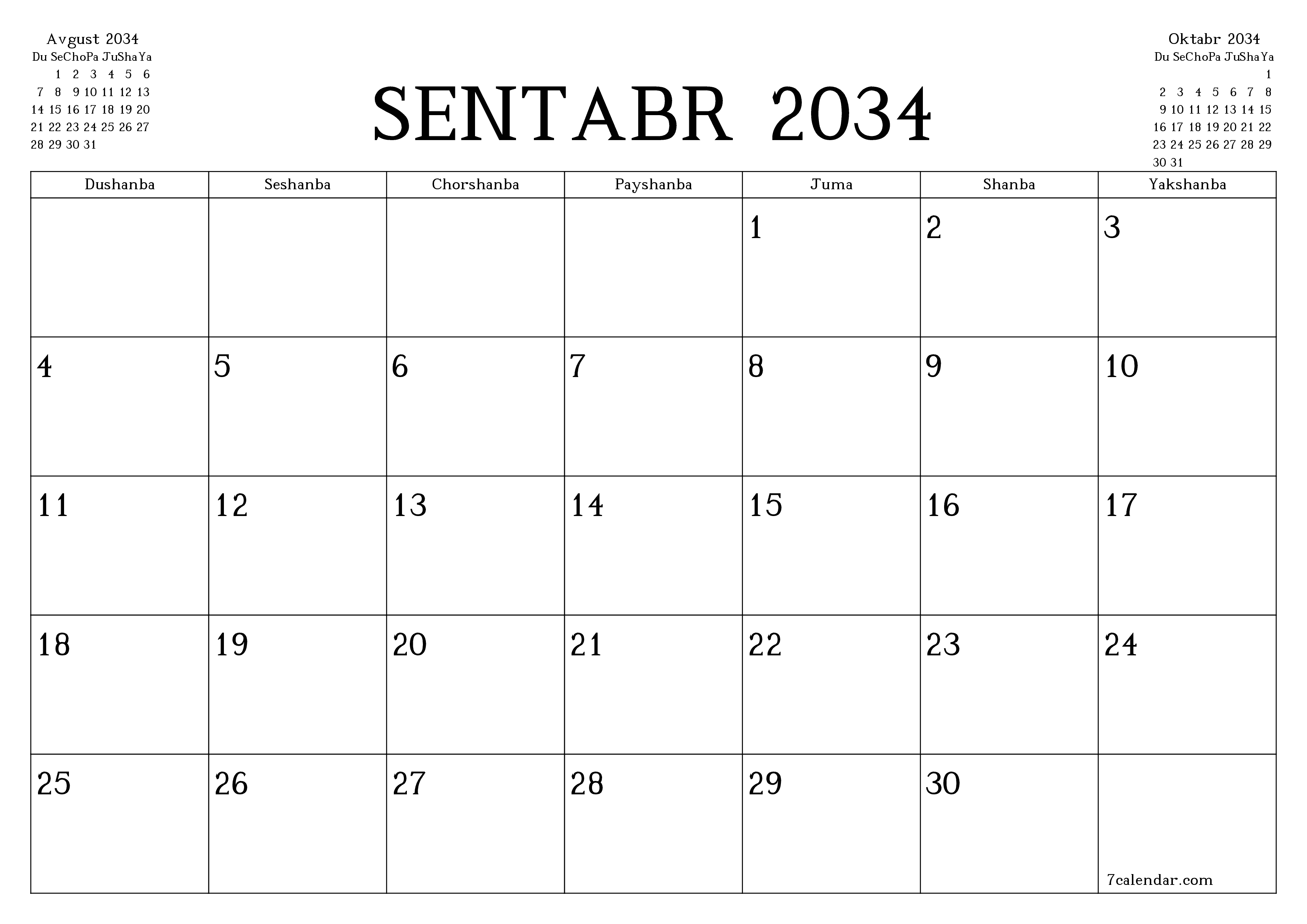 Sentabr 2034 oylik oylik rejalashtiruvchini yozuvlar bilan bo'shatish, saqlash va PDF-ga chop etish PNG Uzbek