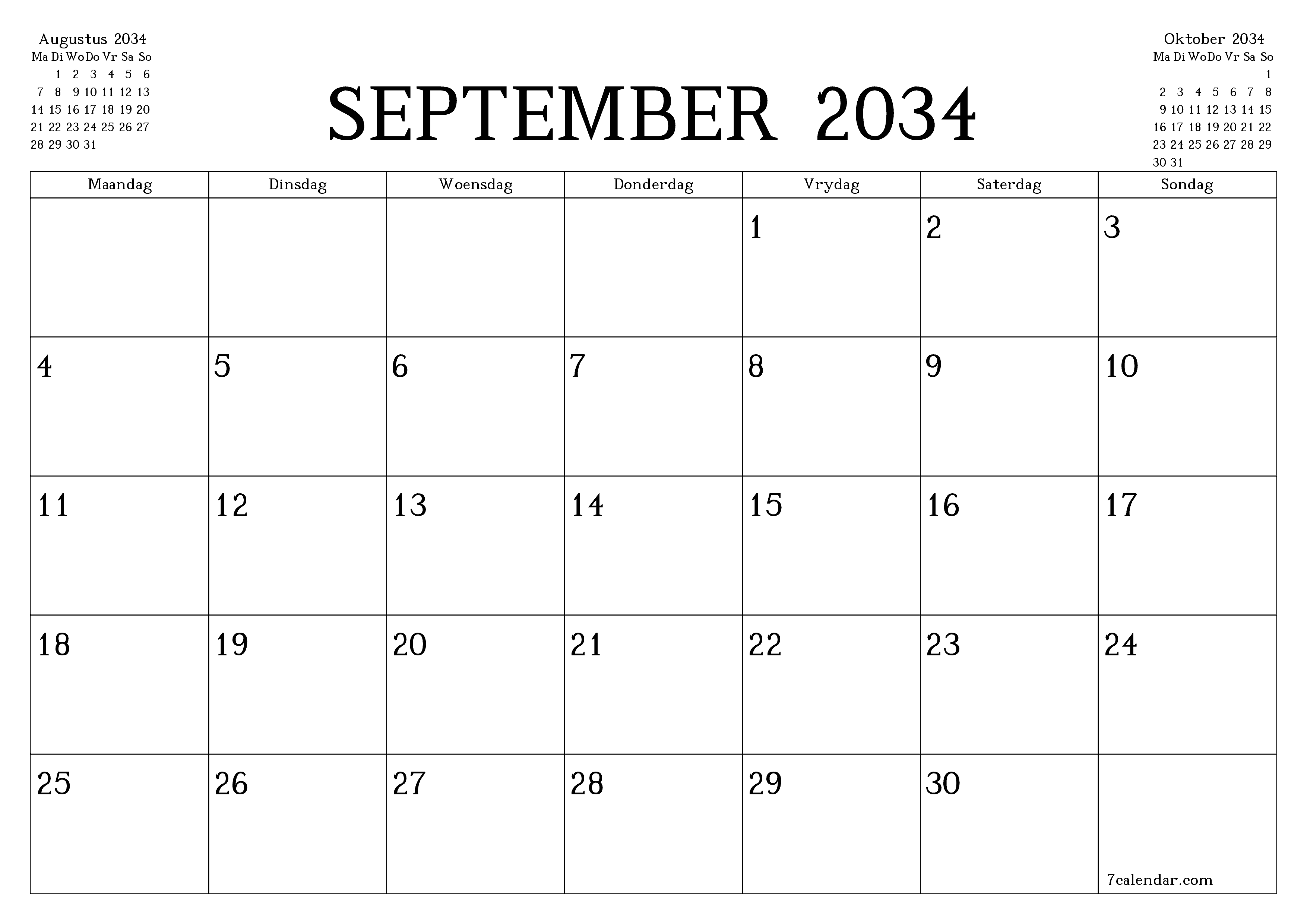 Leë maandelikse drukbare kalender en beplanner vir maand September 2034 met notas stoor en druk na PDF PNG Afrikaans