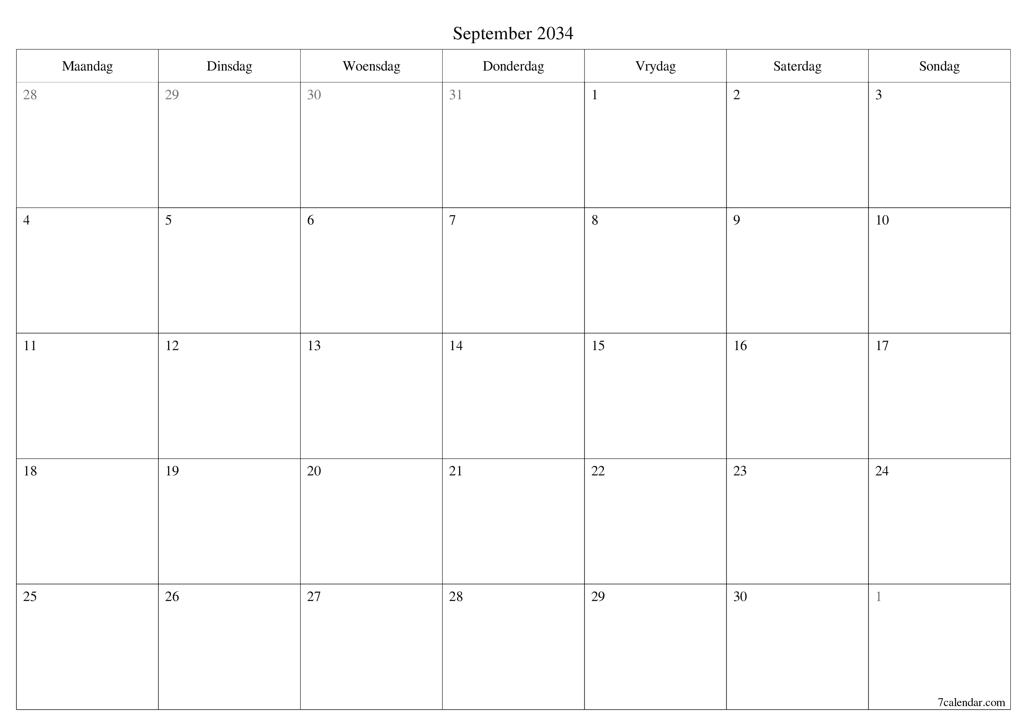 Leë maandelikse drukbare kalender en beplanner vir maand September 2034 met notas stoor en druk na PDF PNG Afrikaans