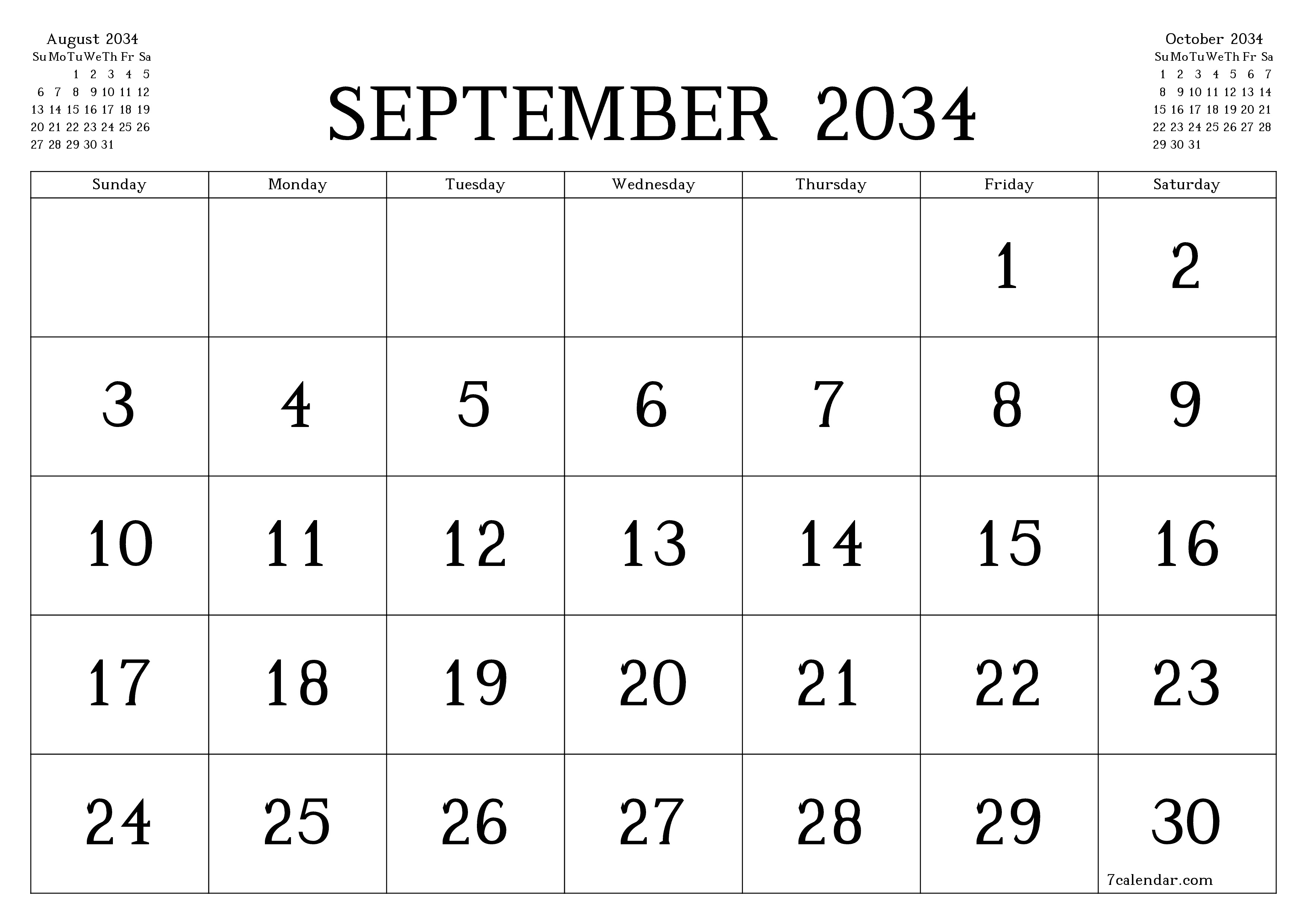 Blank calendar September 2034