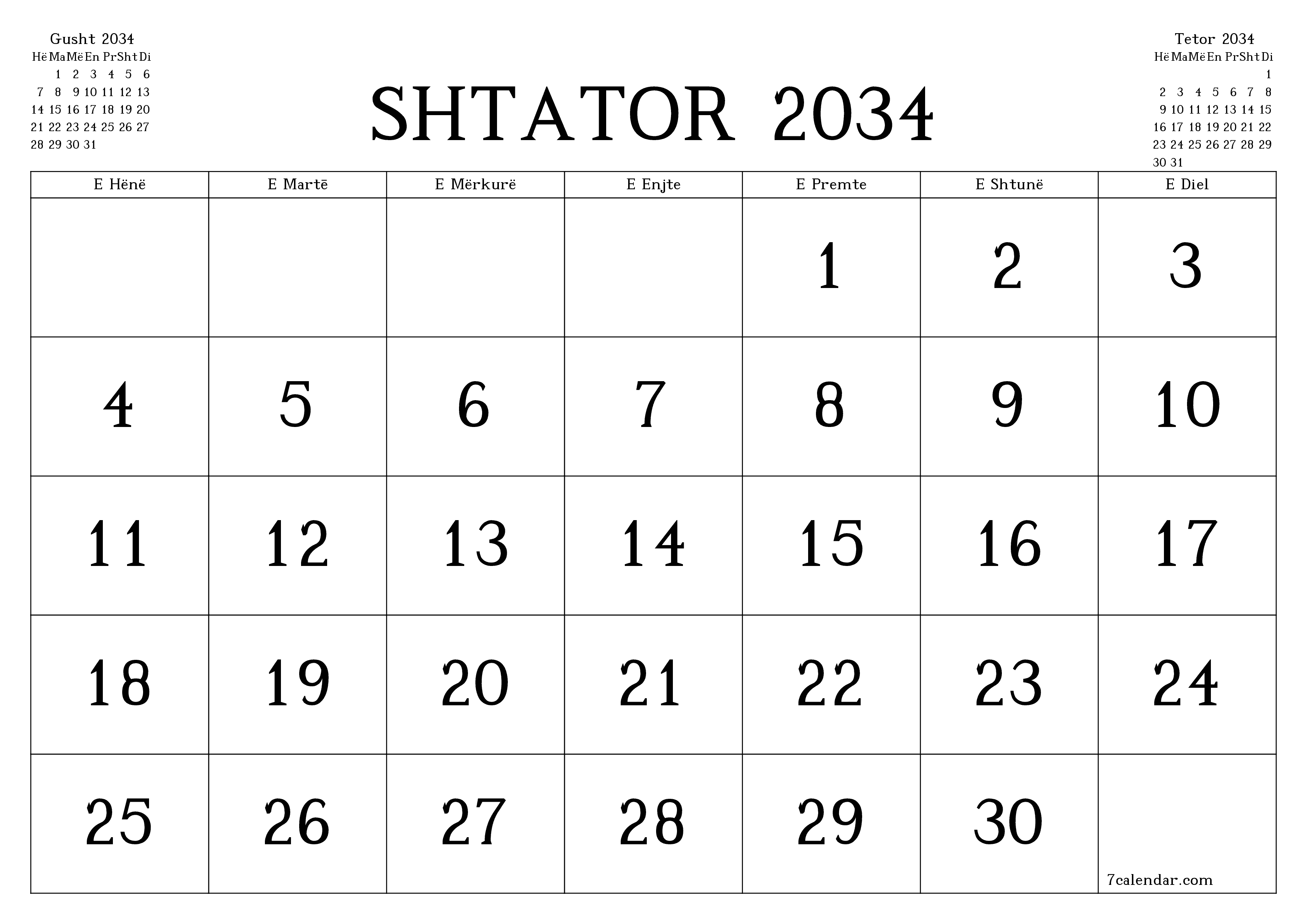 Planifikuesi i zbrazët i kalendarit mujor për muajin Shtator 2034 me shënime të ruajtura dhe të printuara në PDF PNG Albanian