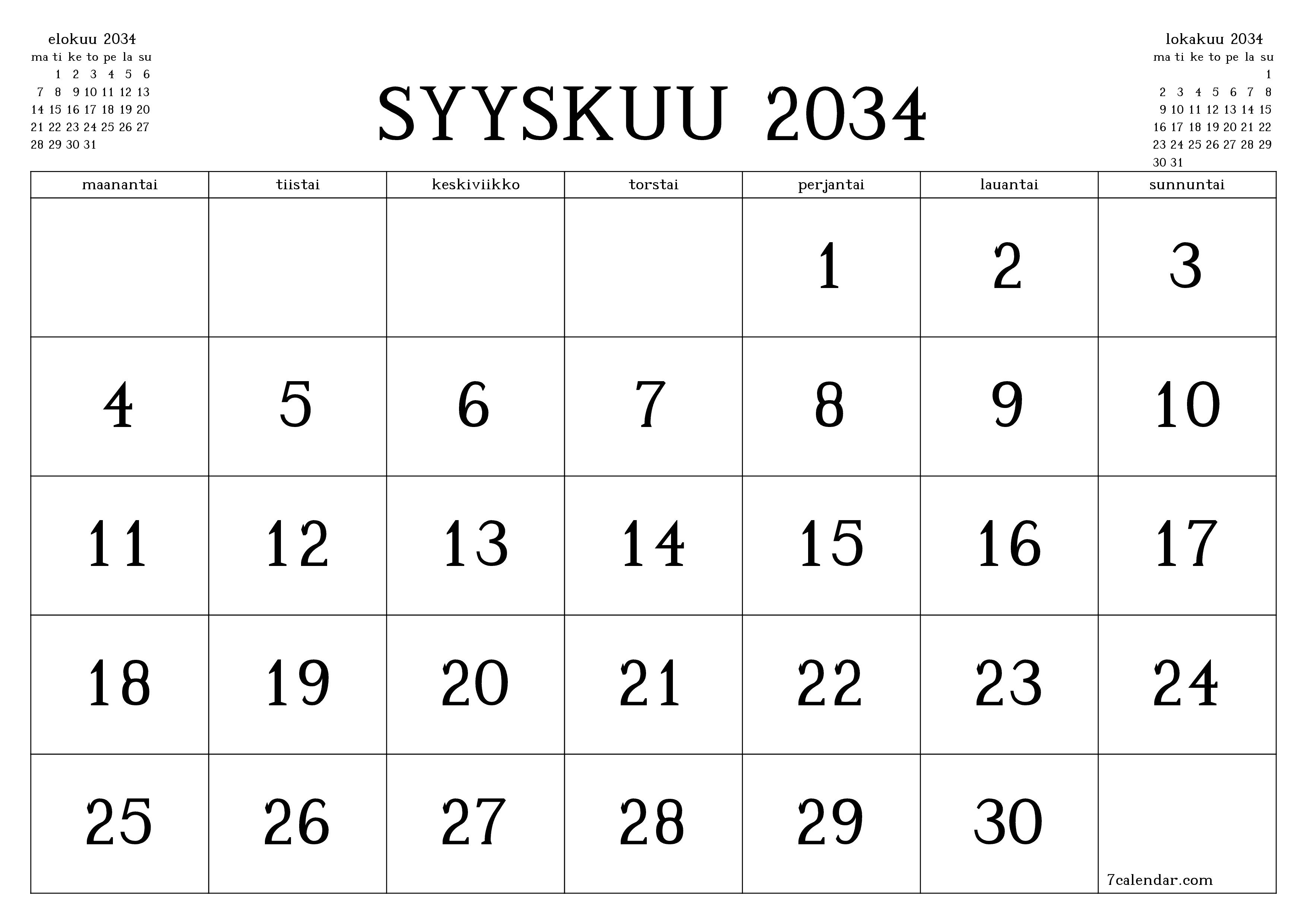 Tyhjennä kuukausittainen suunnittelija kuukaudelle Syyskuu 2034 muistiinpanoilla, tallenna ja tulosta PDF-muotoon PNG Finnish