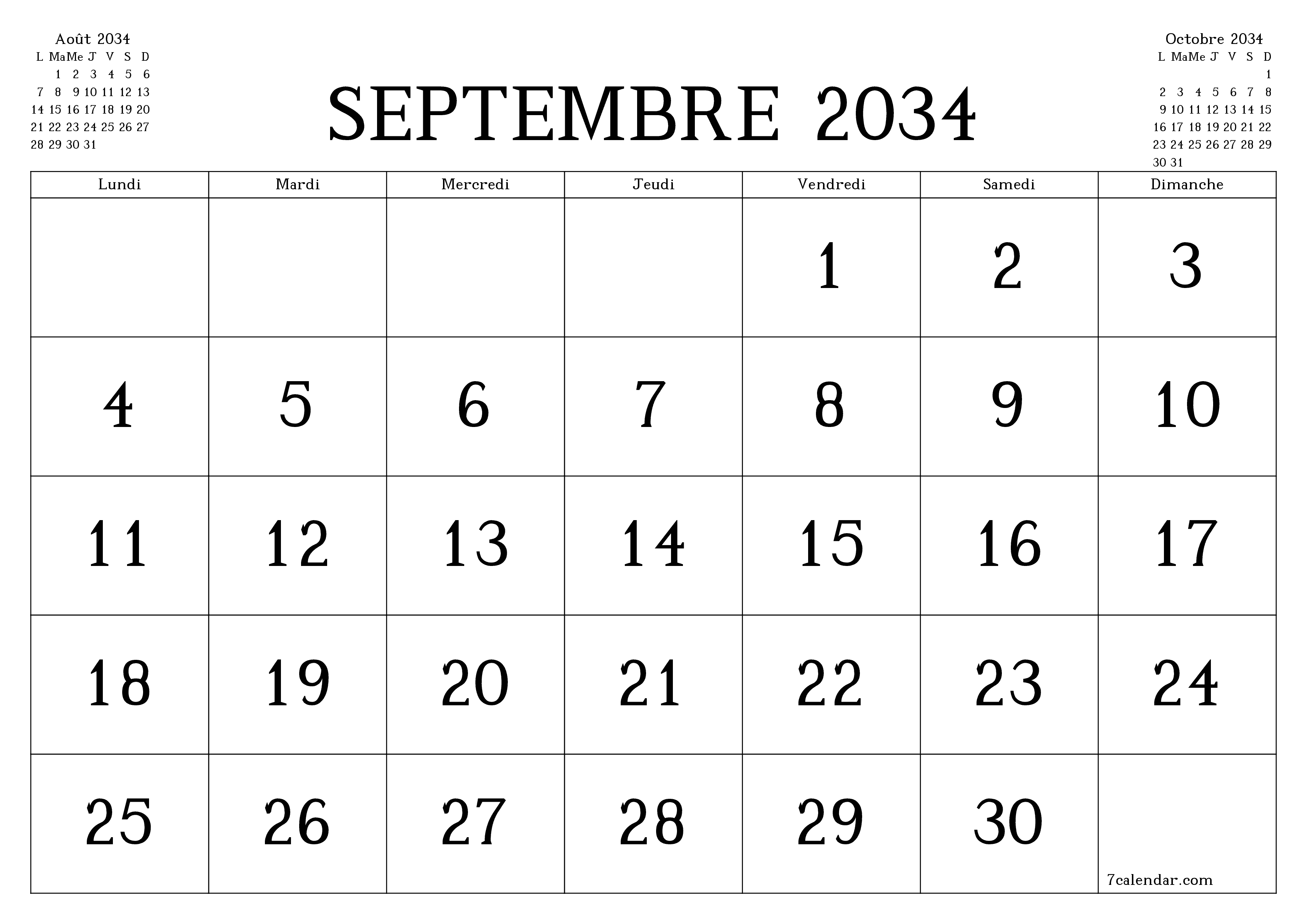 Agenda mensuel vide pour le mois Septembre 2034 avec notes, enregistrez et imprimez au format PDF PNG French