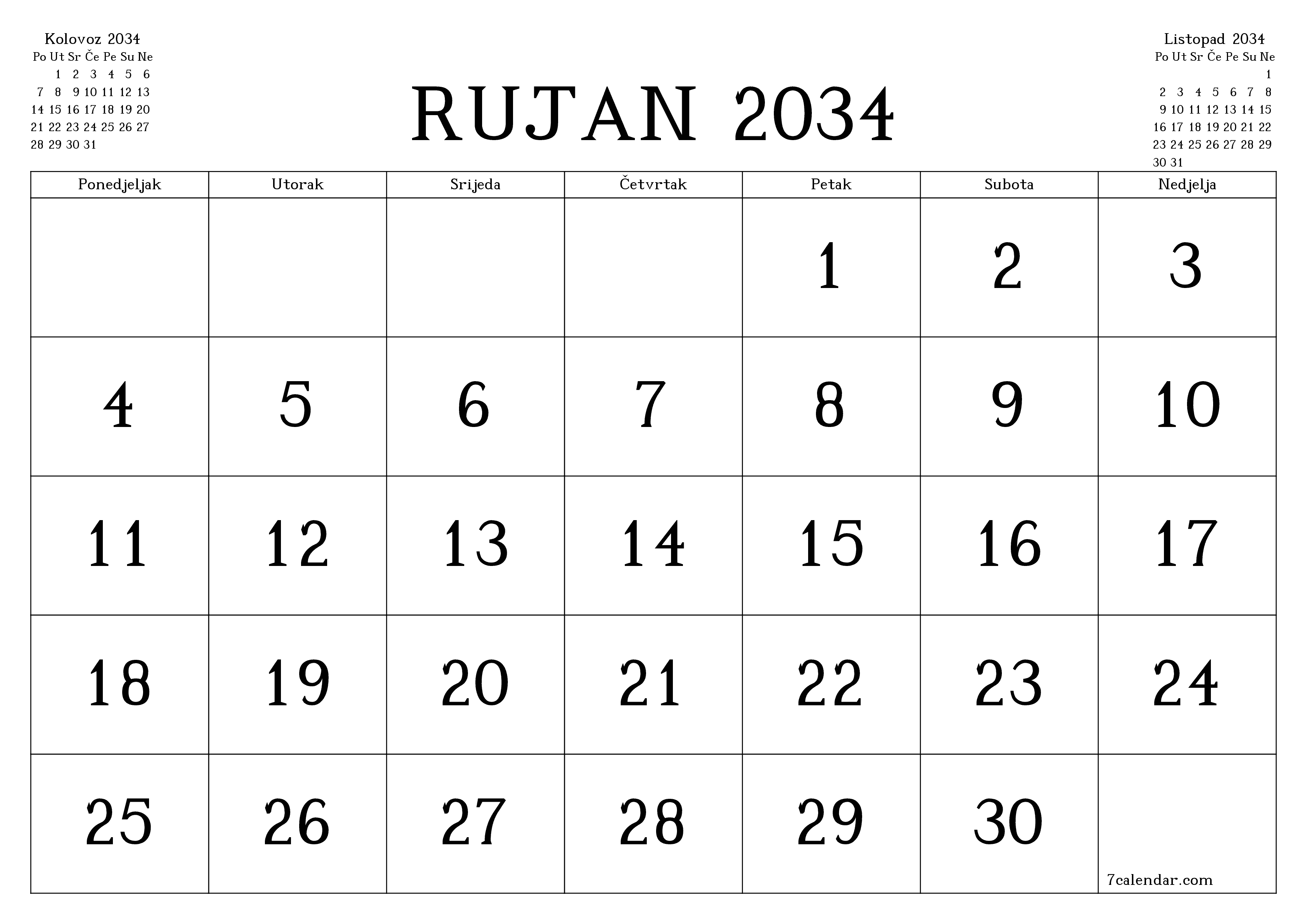 Ispraznite mjesečni planer za mjesec Rujan 2034 s bilješkama, spremite i ispišite u PDF PNG Croatian