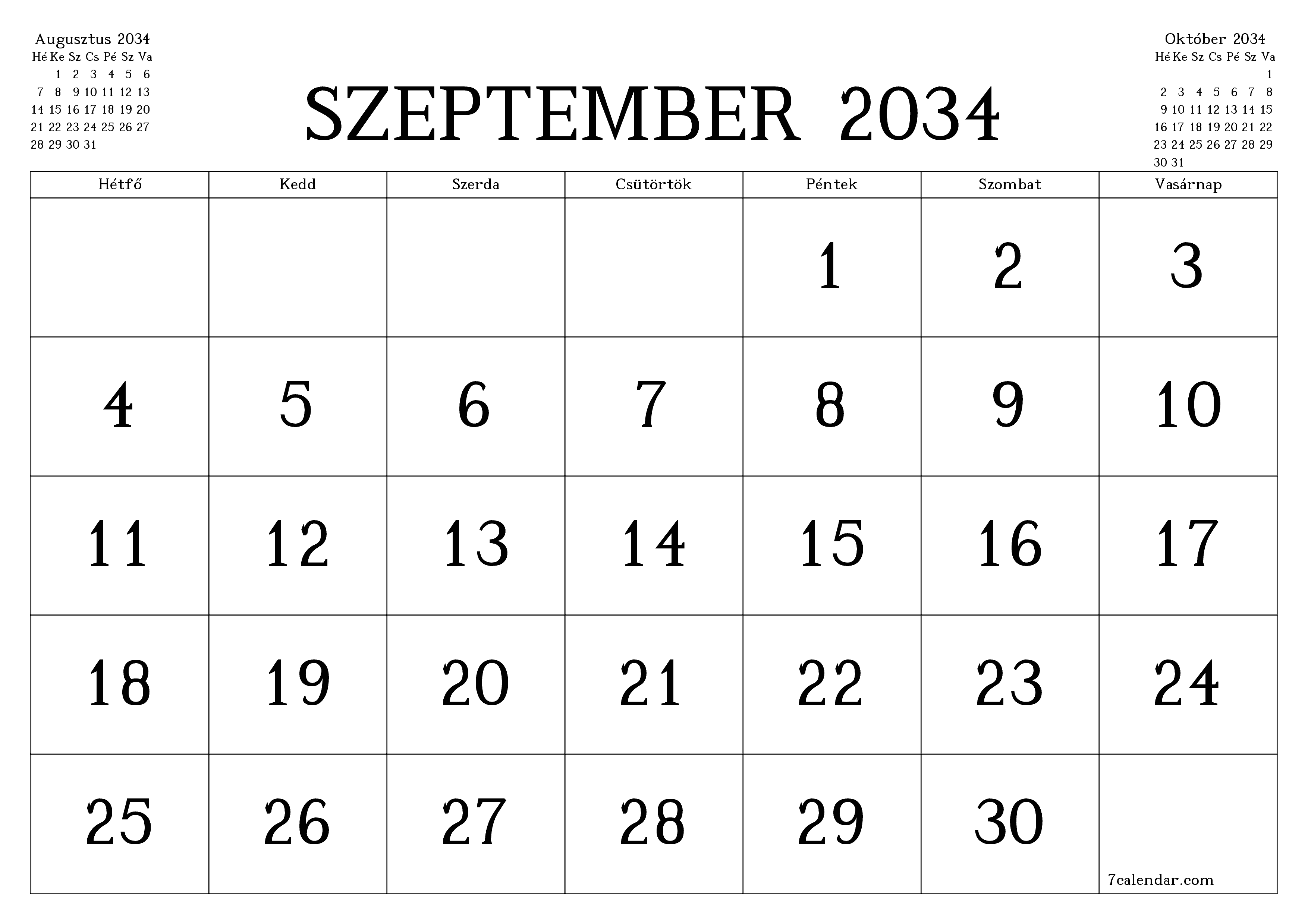 Üres havi tervező a Szeptember 2034 hónapra jegyzetekkel, mentés és nyomtatás PDF-be PNG Hungarian