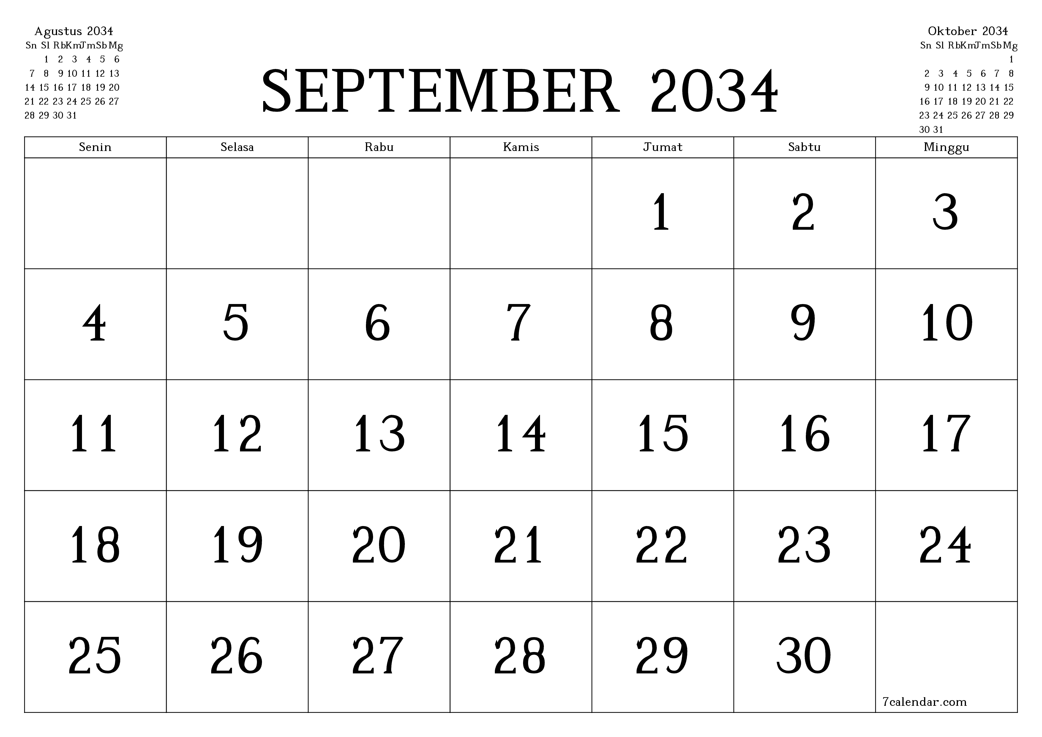 Kosongkan agenda bulanan untuk bulan September 2034 dengan catatan, simpan dan cetak ke PDF PNG Indonesian