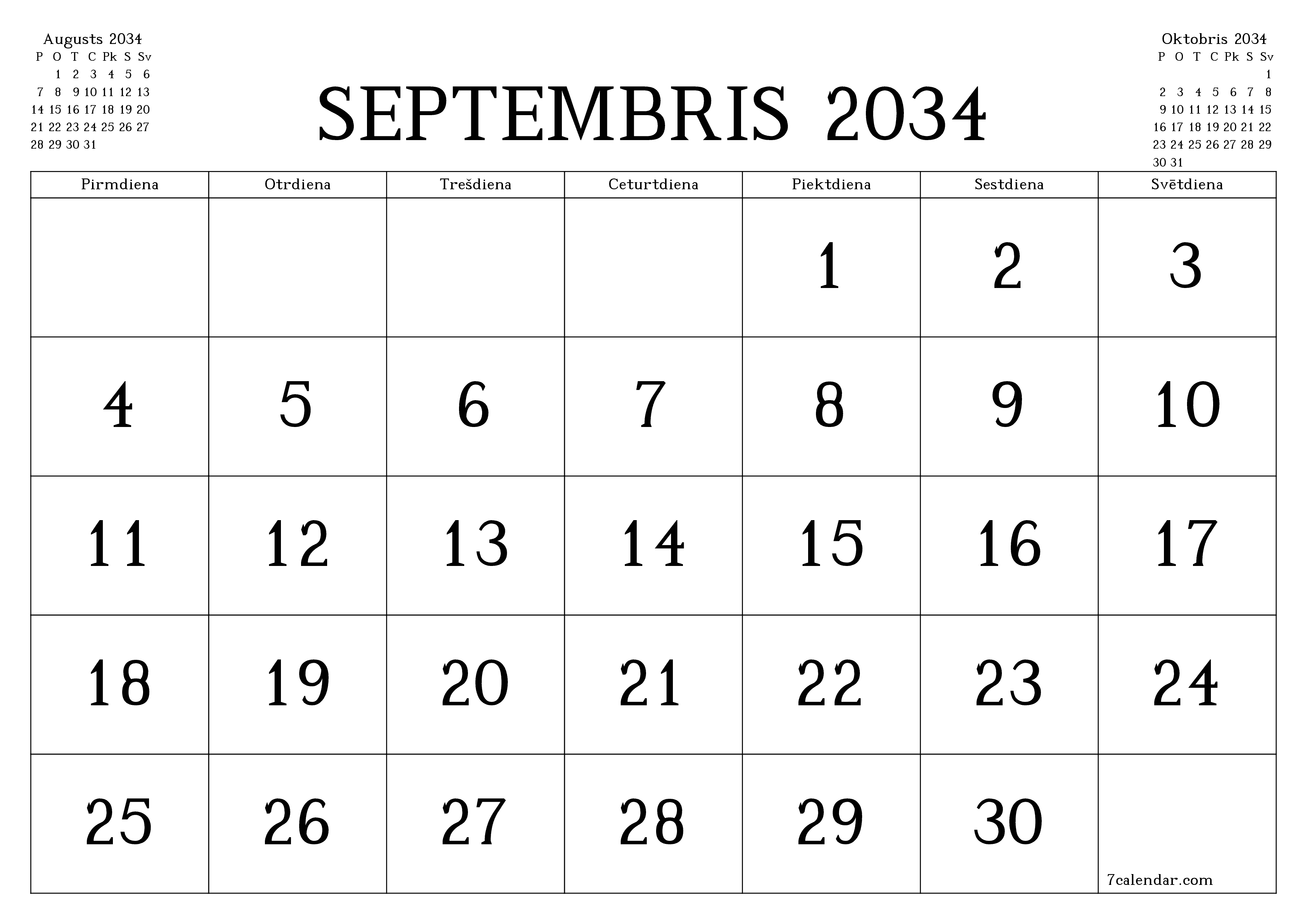 Iztukšot mēneša plānotāju mēnesim Septembris 2034 ar piezīmēm, saglabāt un izdrukāt PDF formātā PNG Latvian