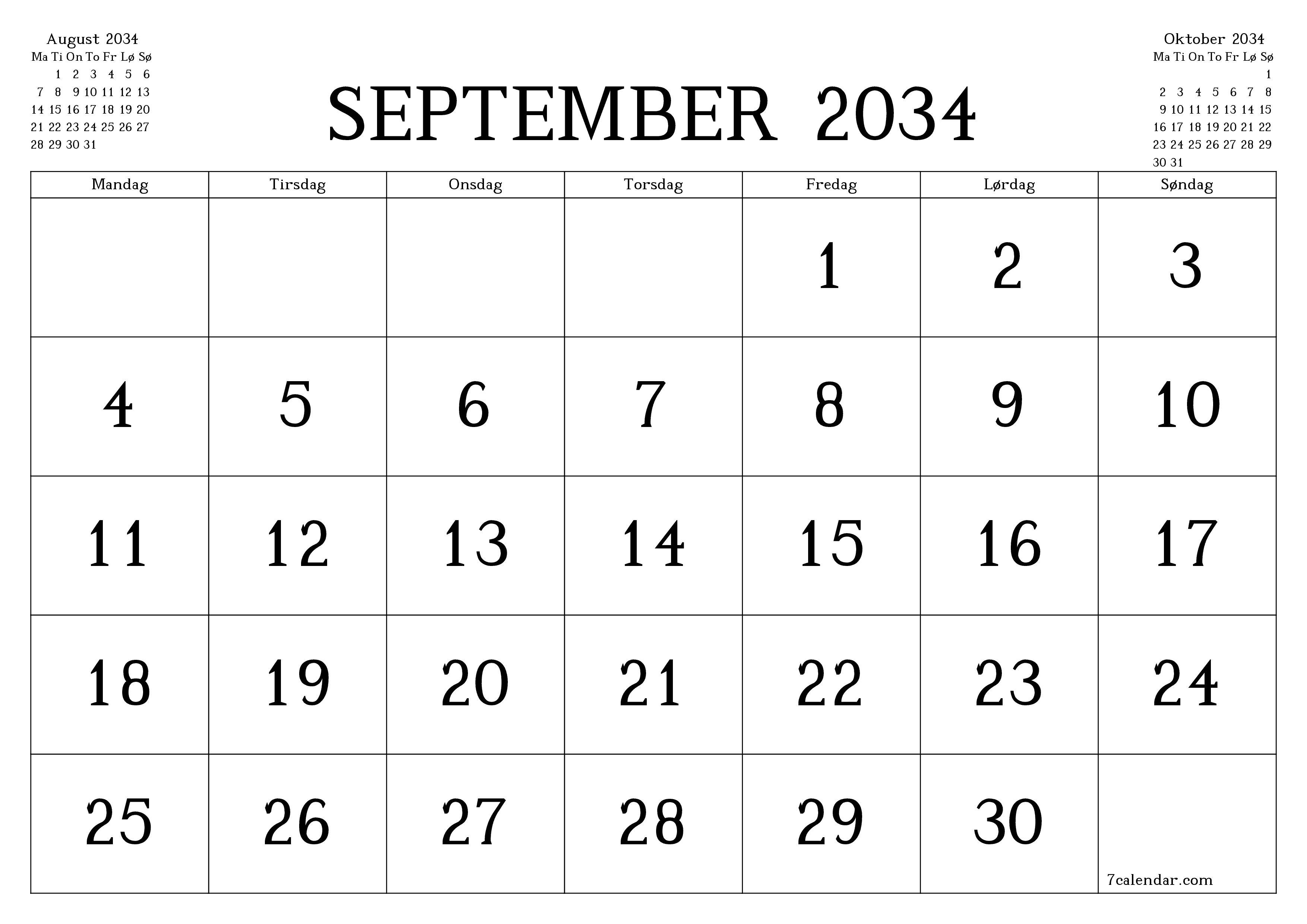 Tom månedlig planlegger for måned September 2034 med notater, lagre og skriv ut til PDF PNG Norwegian