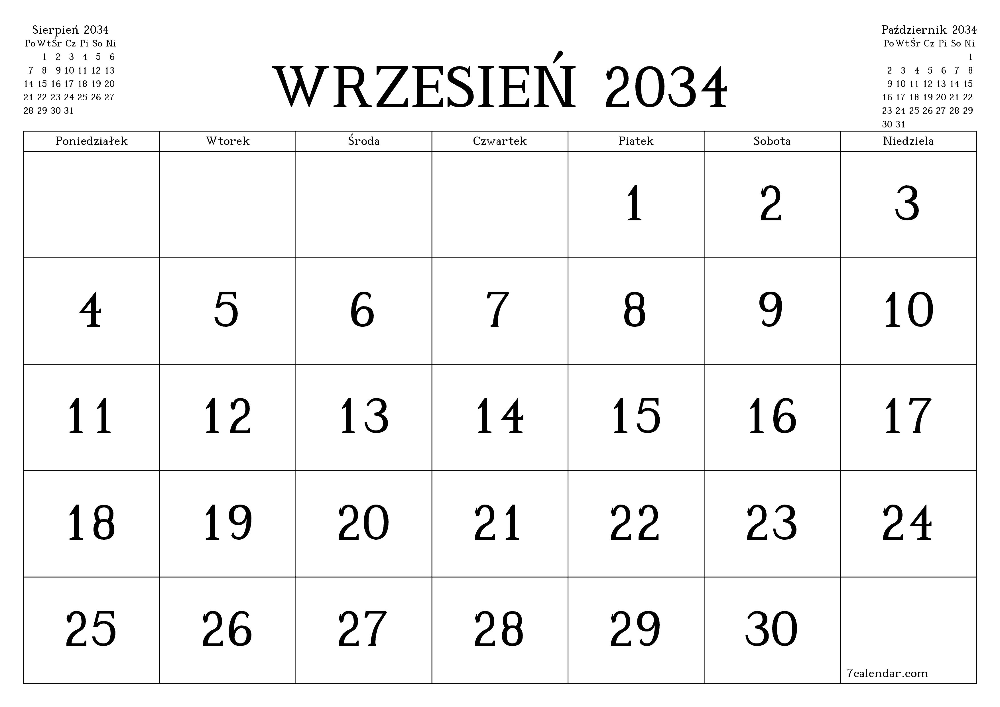 Opróżnij miesięczny planer na miesiąc Wrzesień 2034 z notatkami, zapisz i wydrukuj w formacie PDF PNG Polish