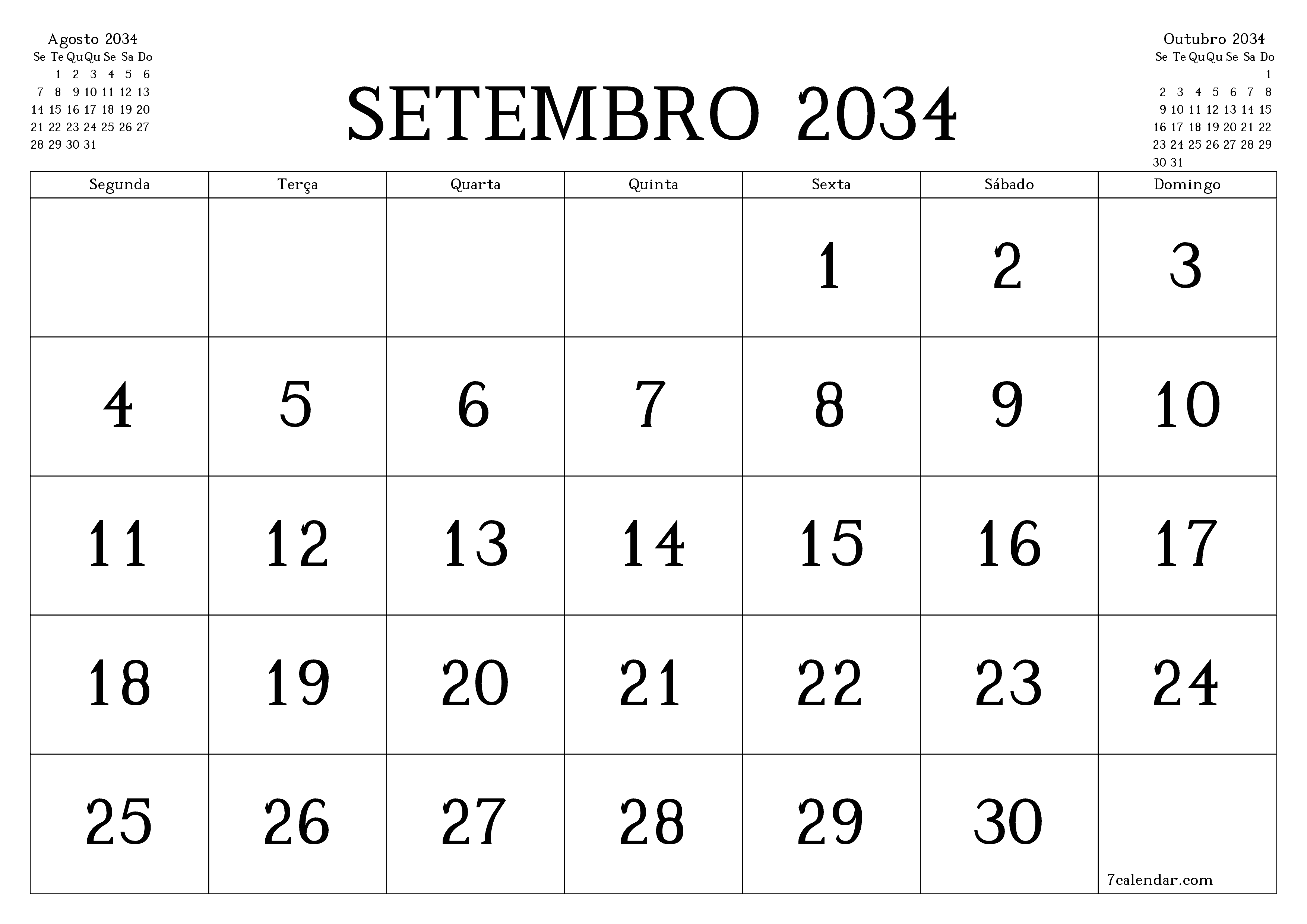 Esvazie o planejador mensal para o mês Setembro 2034 com notas, salve e imprima em PDF PNG Portuguese